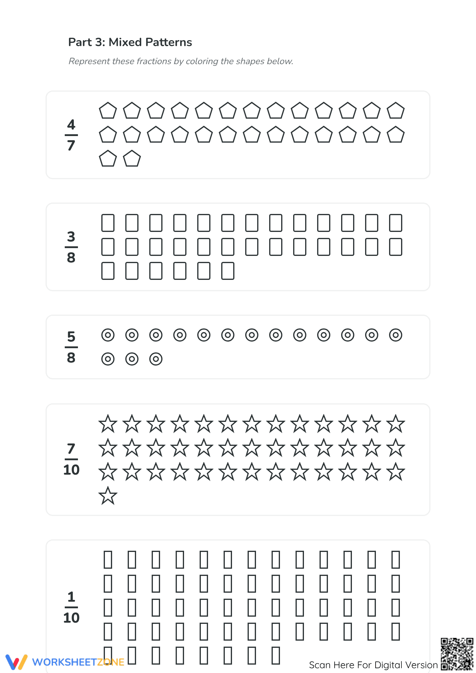 Essential Modeling Fractions with Groups of Shapes Worksheet - Page 3