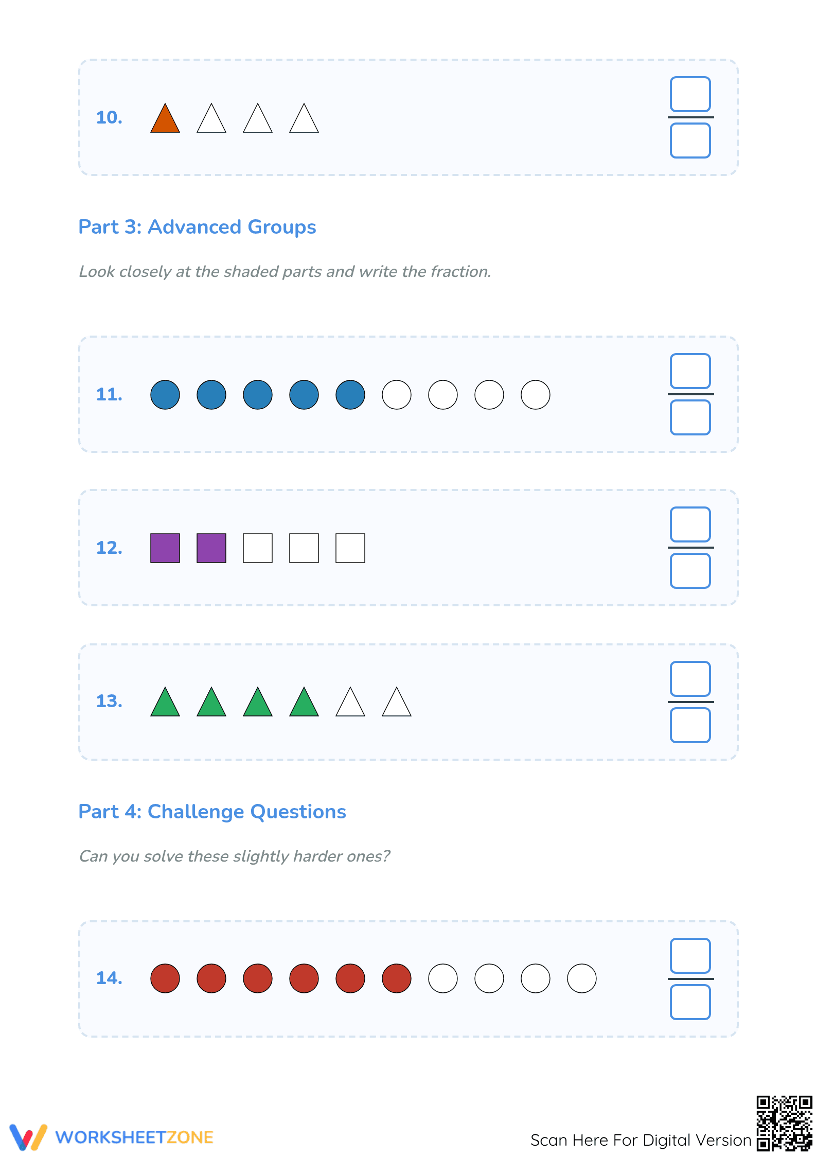Printable Grade 3: Modeling Fractions with Shapes - Page 3