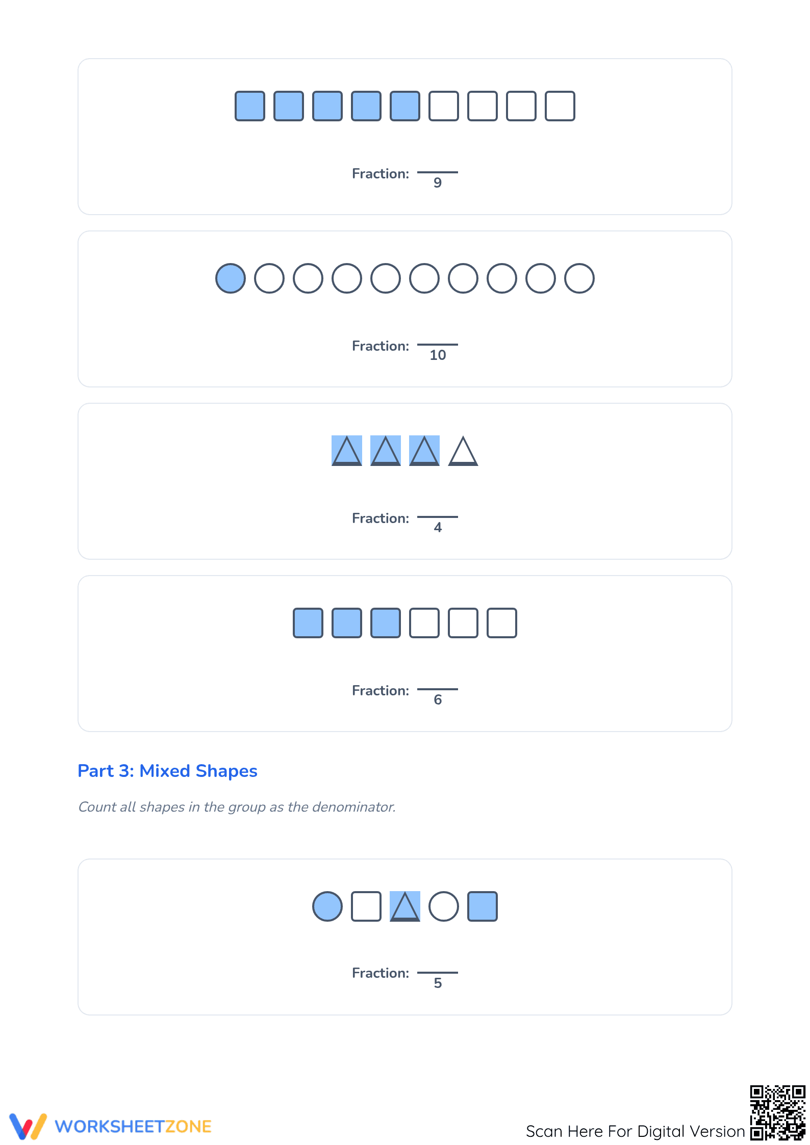 Printable Modeling Fractions Worksheet: Groups of Shapes - Page 3