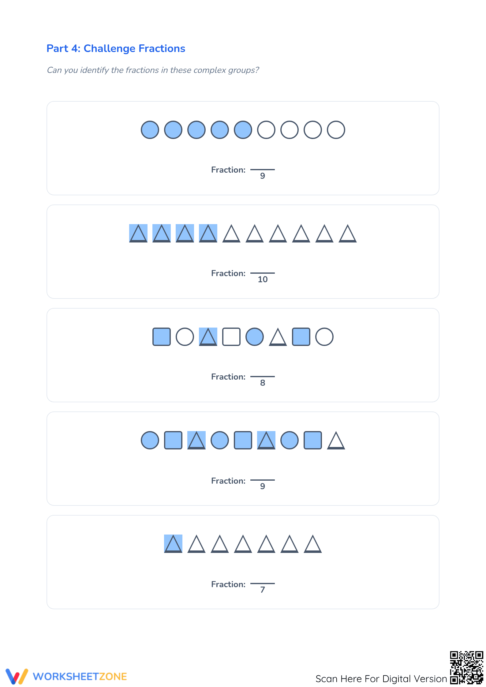 Printable Modeling Fractions Worksheet: Groups of Shapes - Page 5