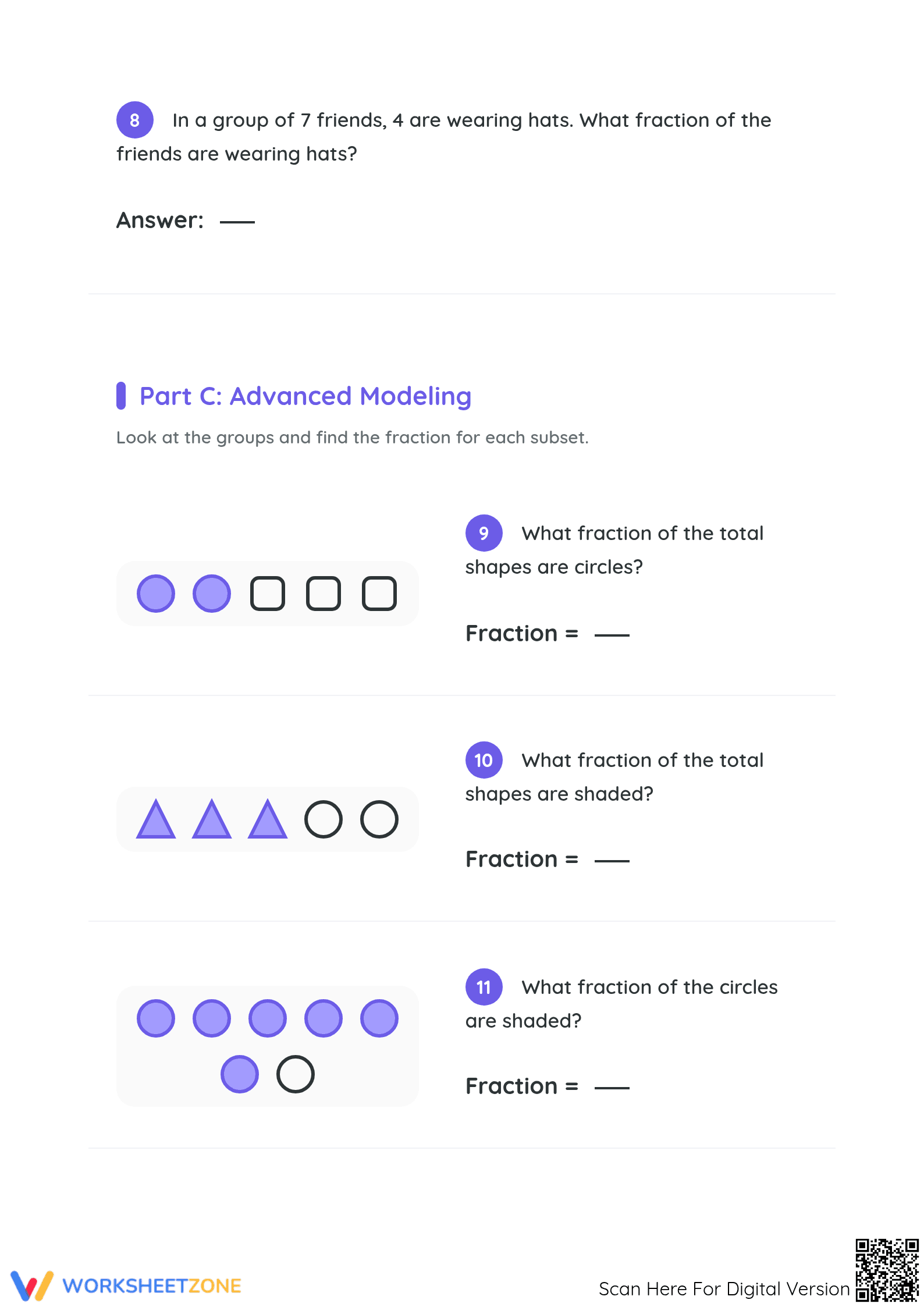Essential Modeling Fractions with Groups of Shapes Worksheet - Page 3