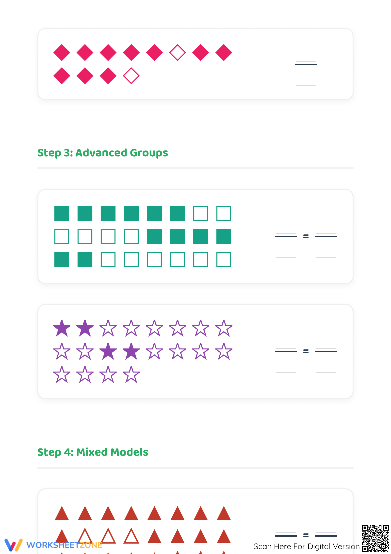 Printable Modeling Fractions with Groups of Shapes Worksheet - Page 3