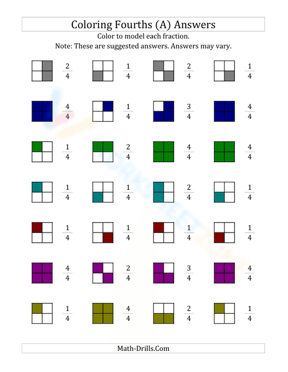 Modeling Fractions With Coloring Fourths Worksheet - Page 2