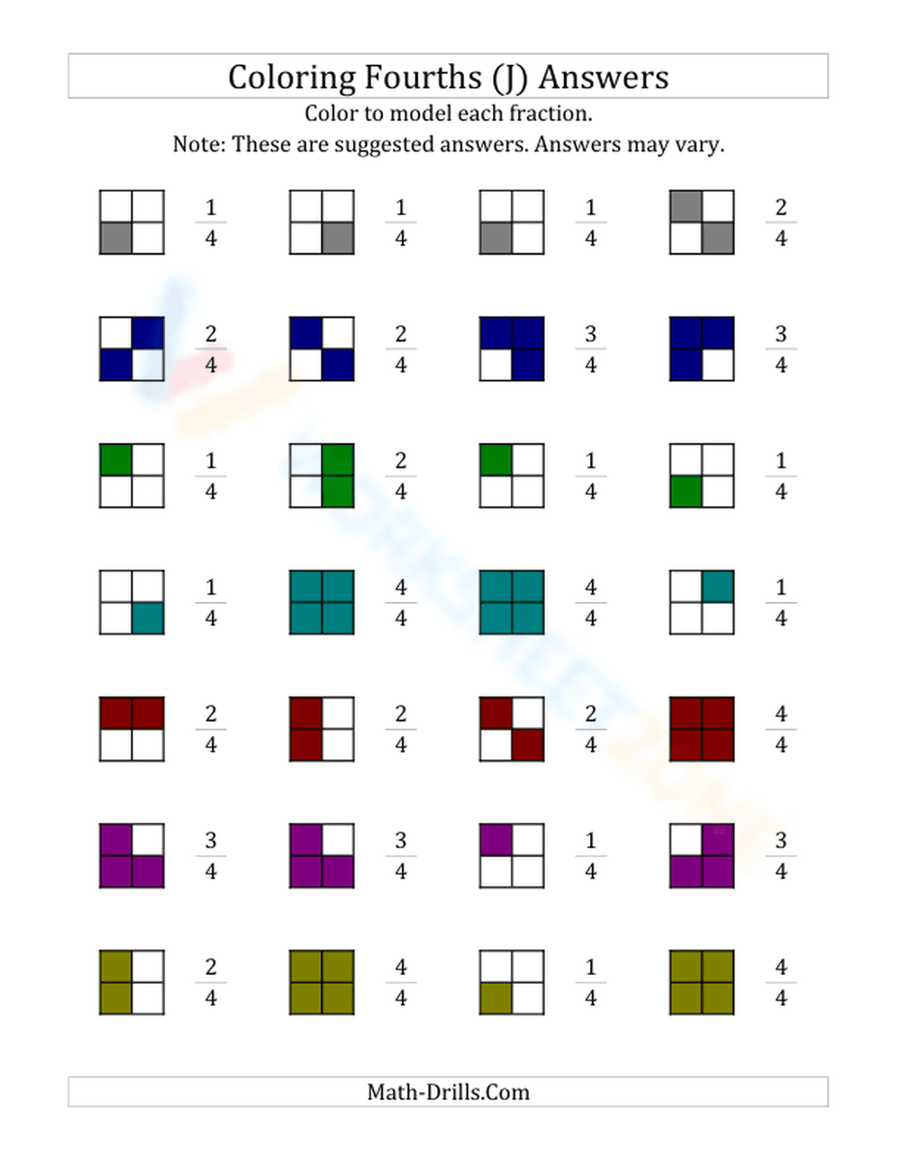 Modeling Fractions by Coloring Fourths Worksheet - Page 2