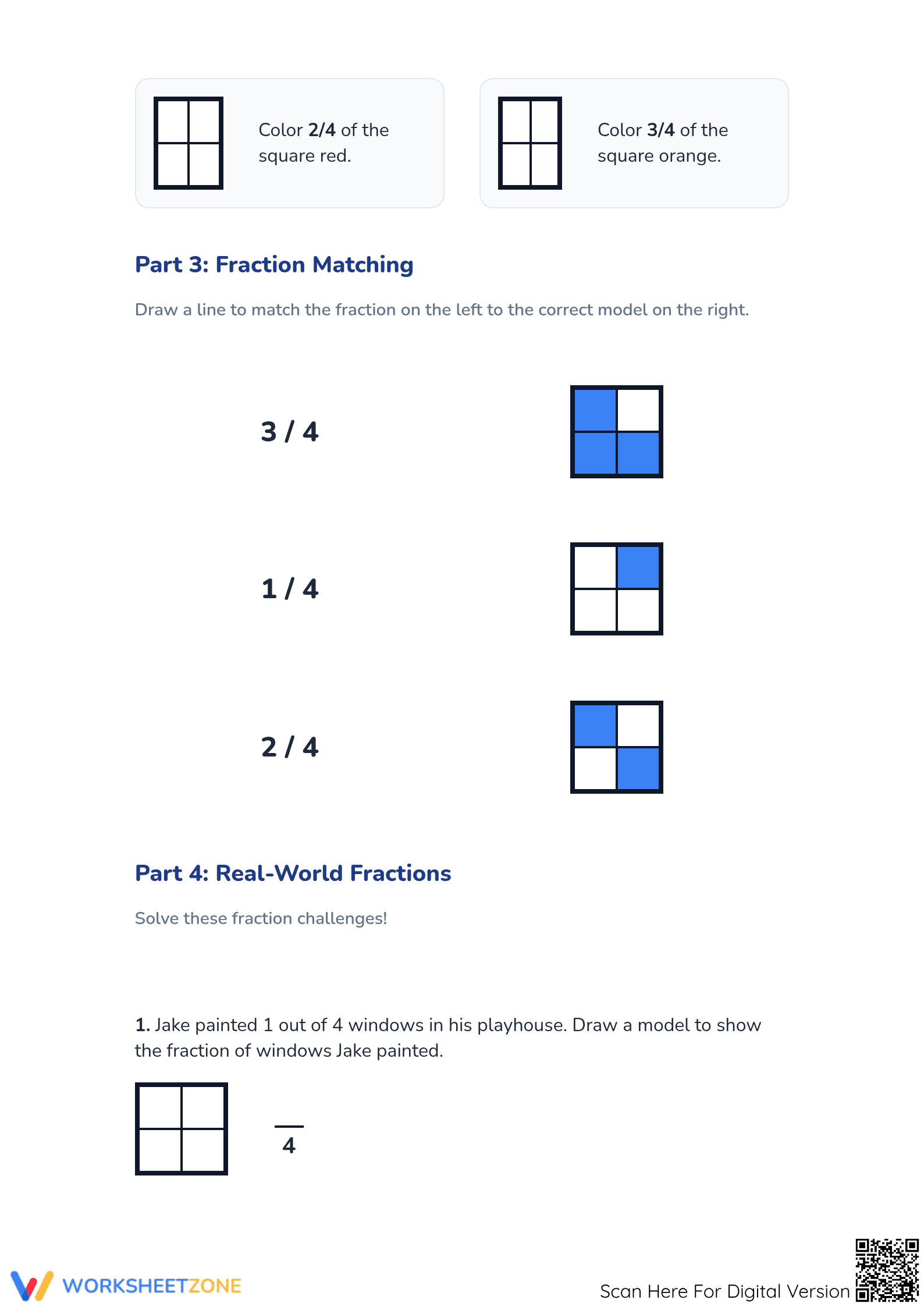 Essential Grade 3 Fractions Worksheet | Modeling Fourths - Page 3