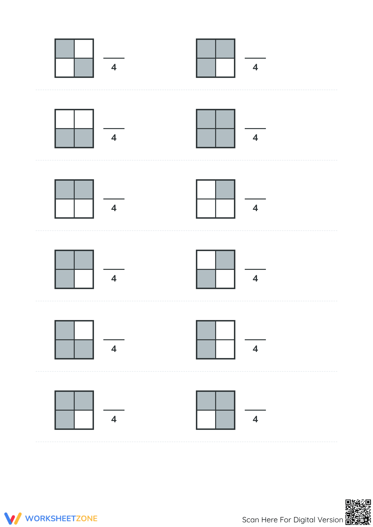 Printable Grade 3 Fraction Modeling Worksheet: Fourths - Page 2