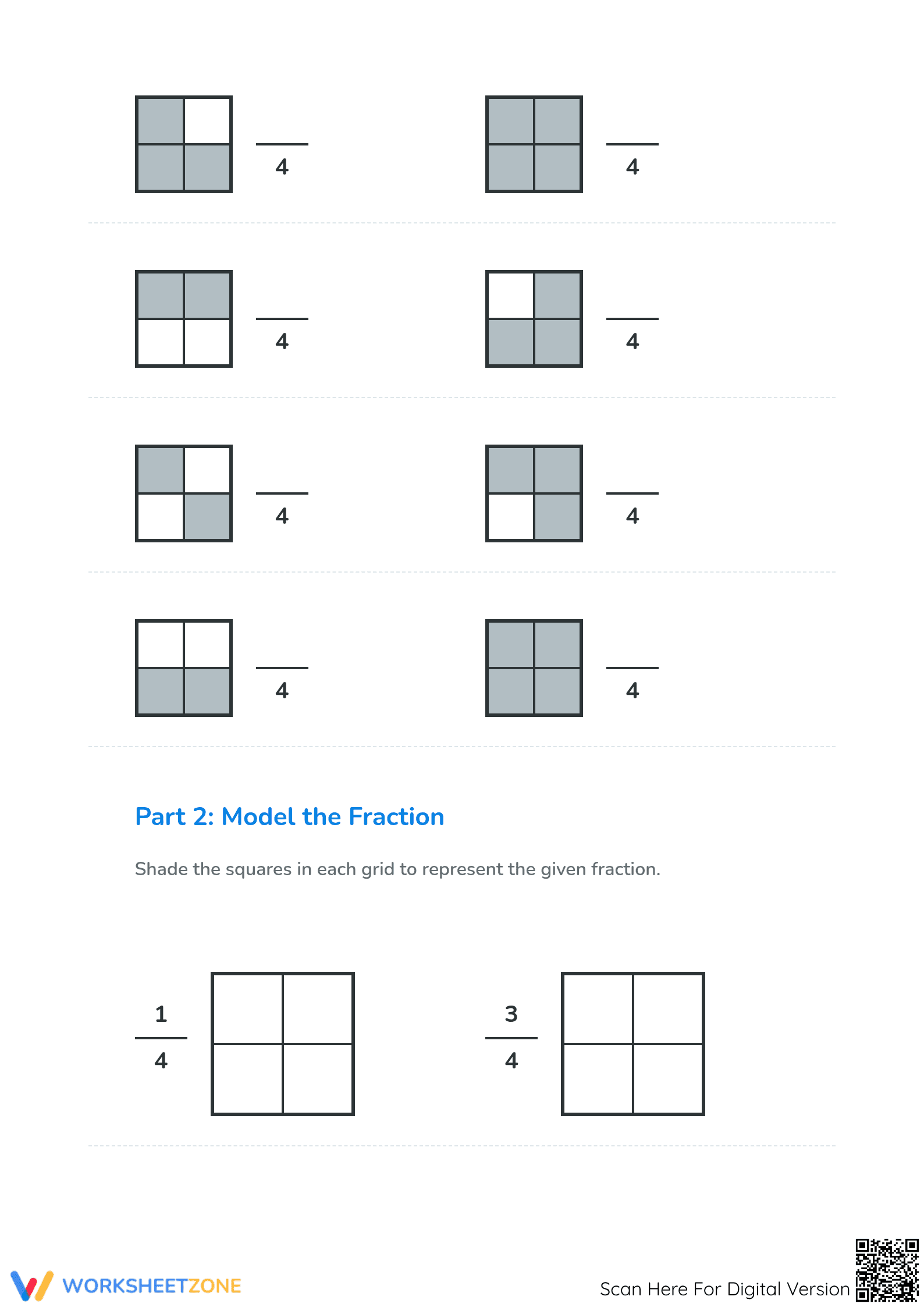 Printable Grade 3 Fraction Modeling Worksheet: Fourths - Page 3
