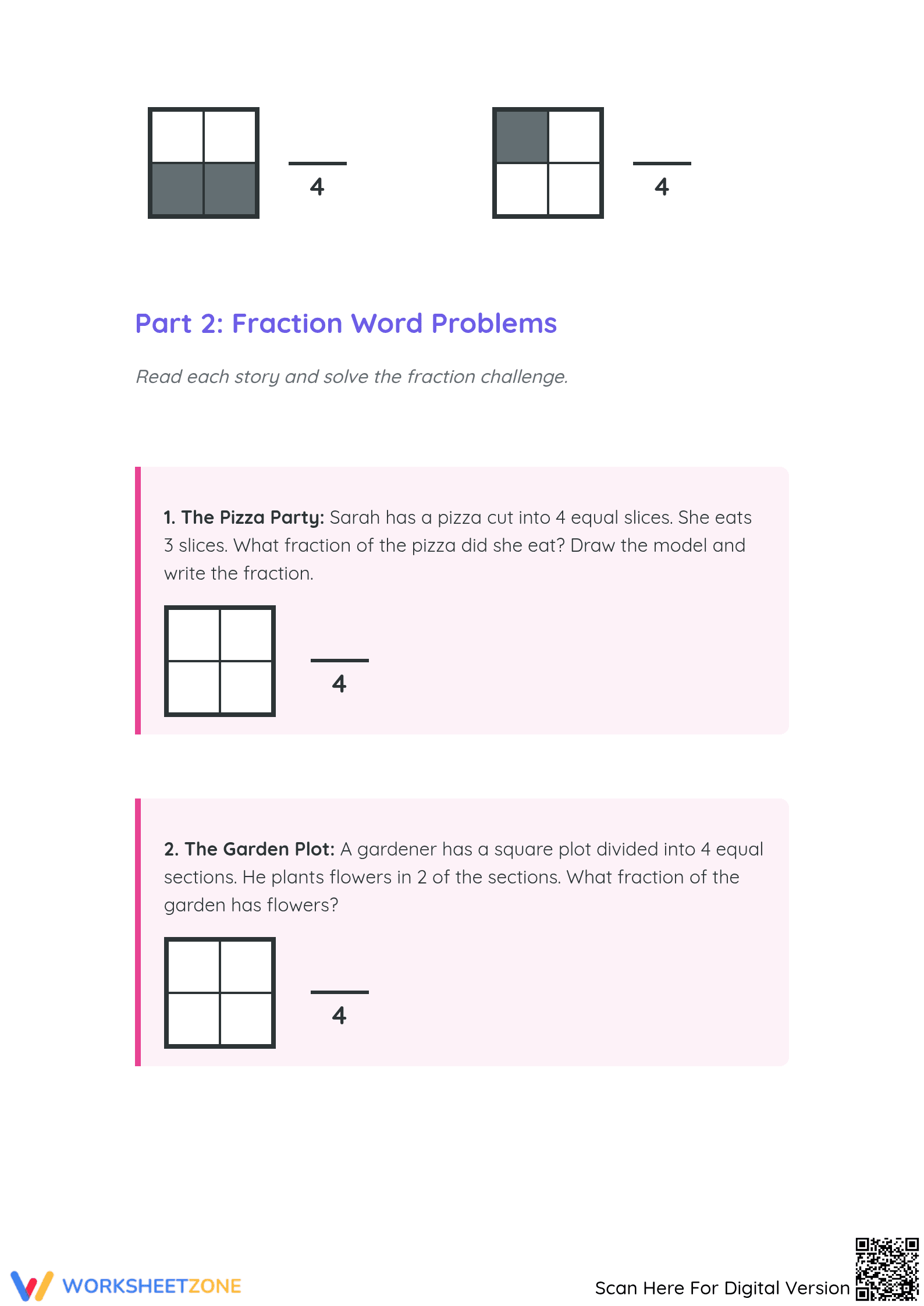 Printable Grade 3 Modeling Fourths Math Worksheet - Page 4