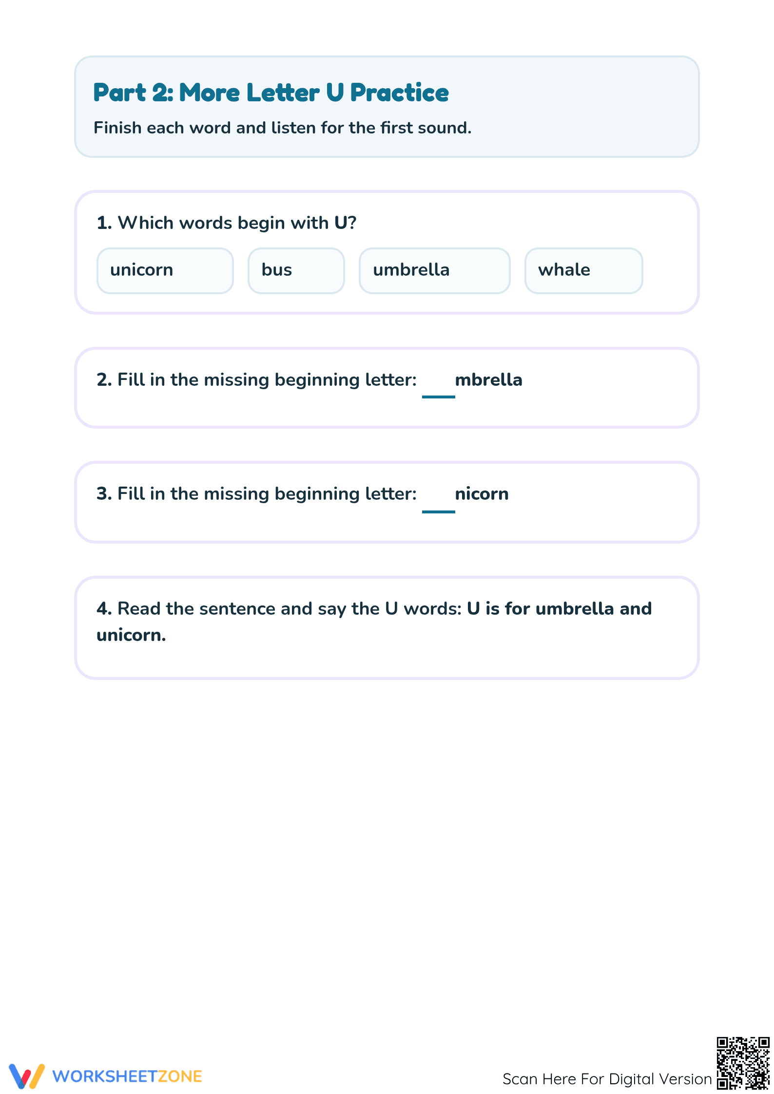 Essential Letter U Beginning Vowels Worksheet | Grade K-1 - Page 3
