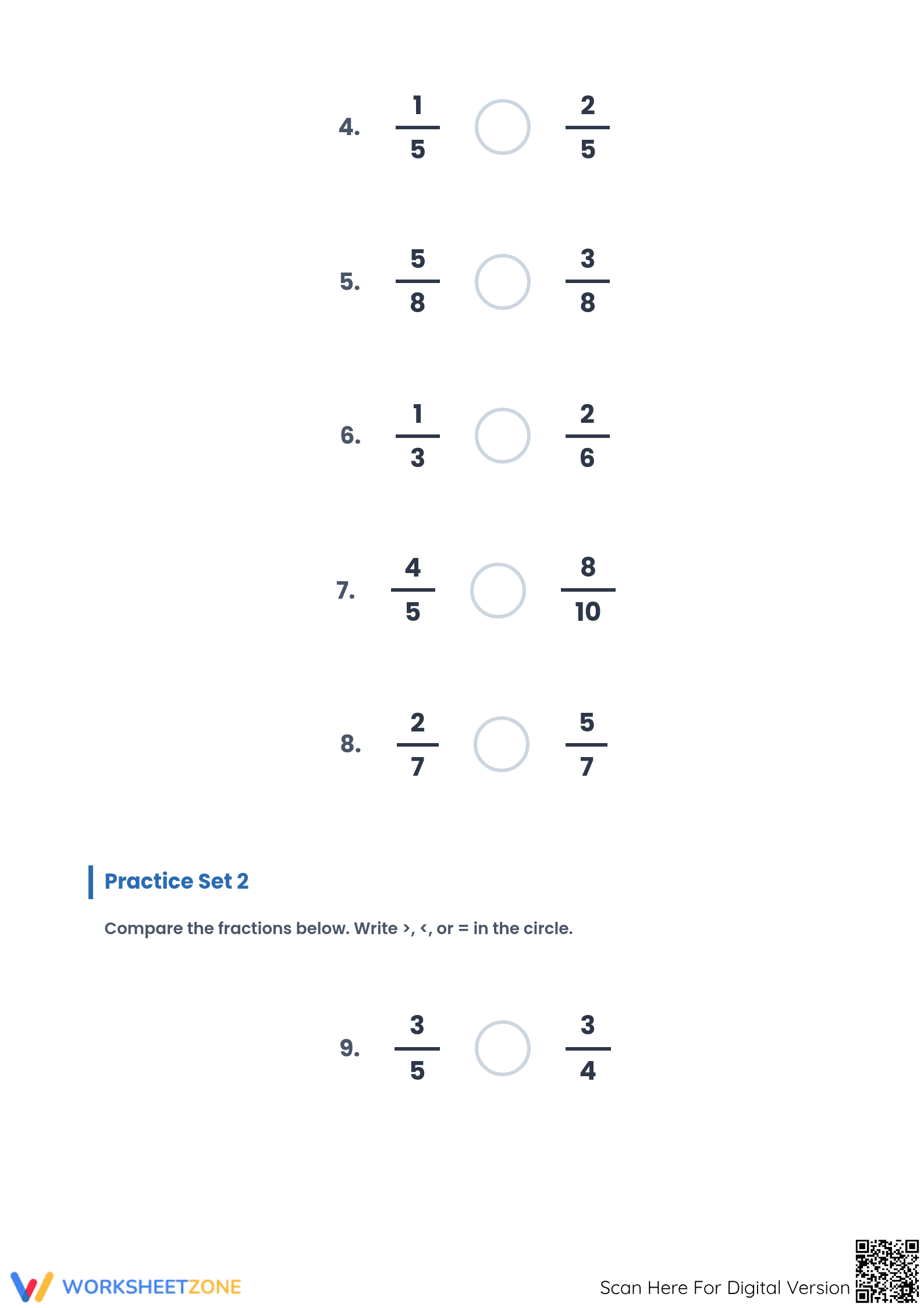 Essential Comparing Simple Fractions Worksheet | Grades 3-5 - Page 2