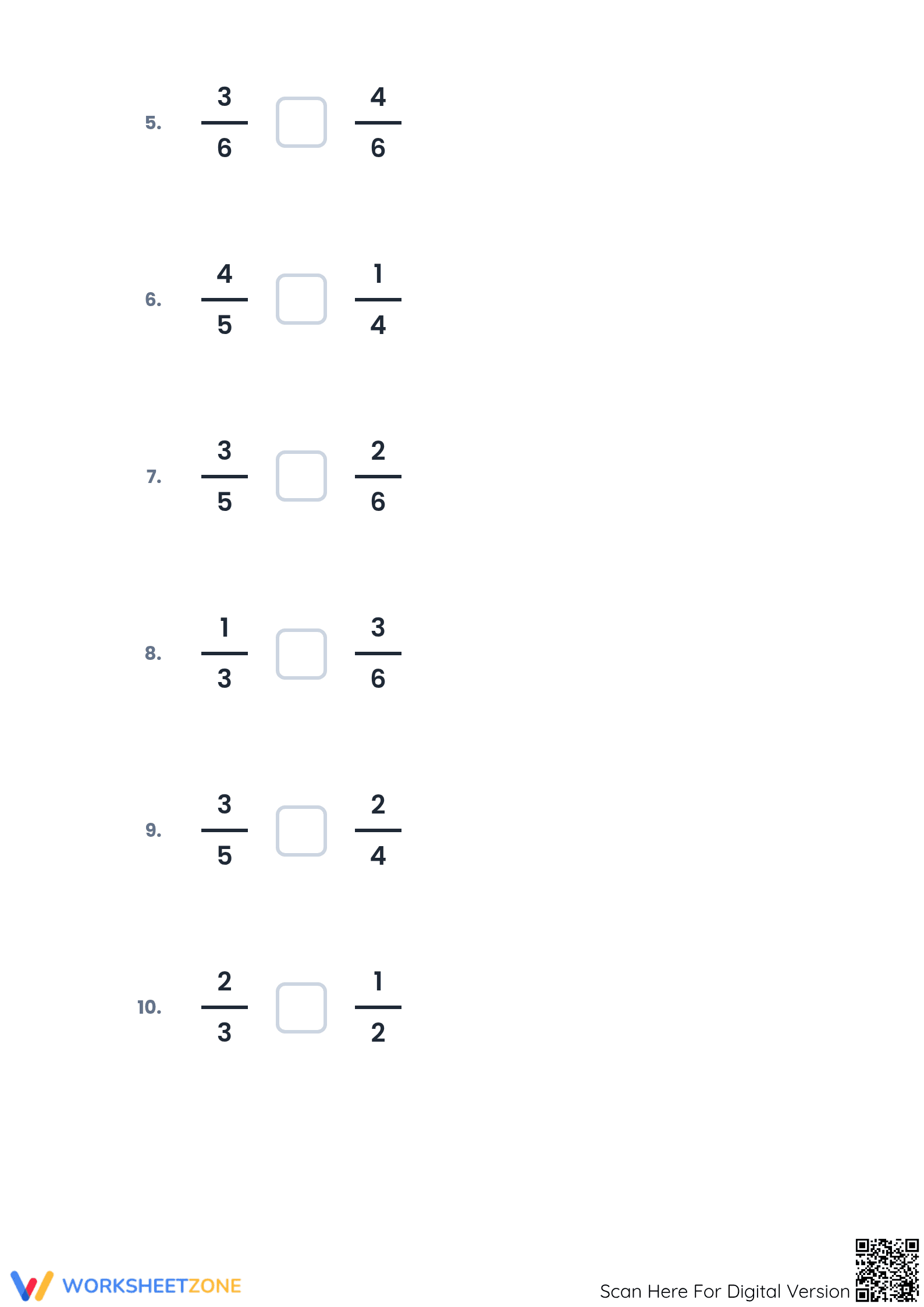 Printable Comparing Simple Fractions Worksheet | Grades 3-5 - Page 2