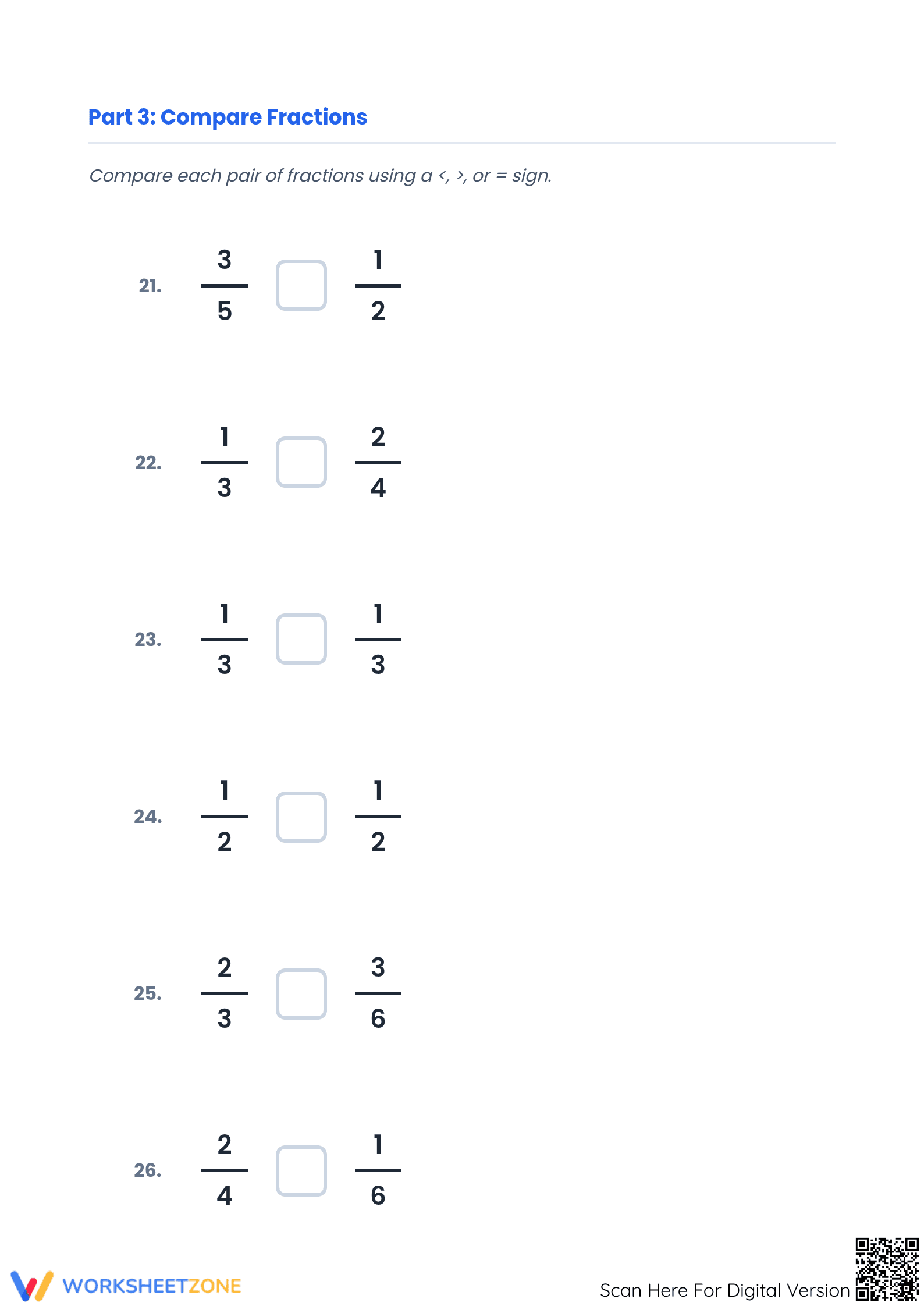 Printable Comparing Simple Fractions Worksheet | Grades 3-5 - Page 5