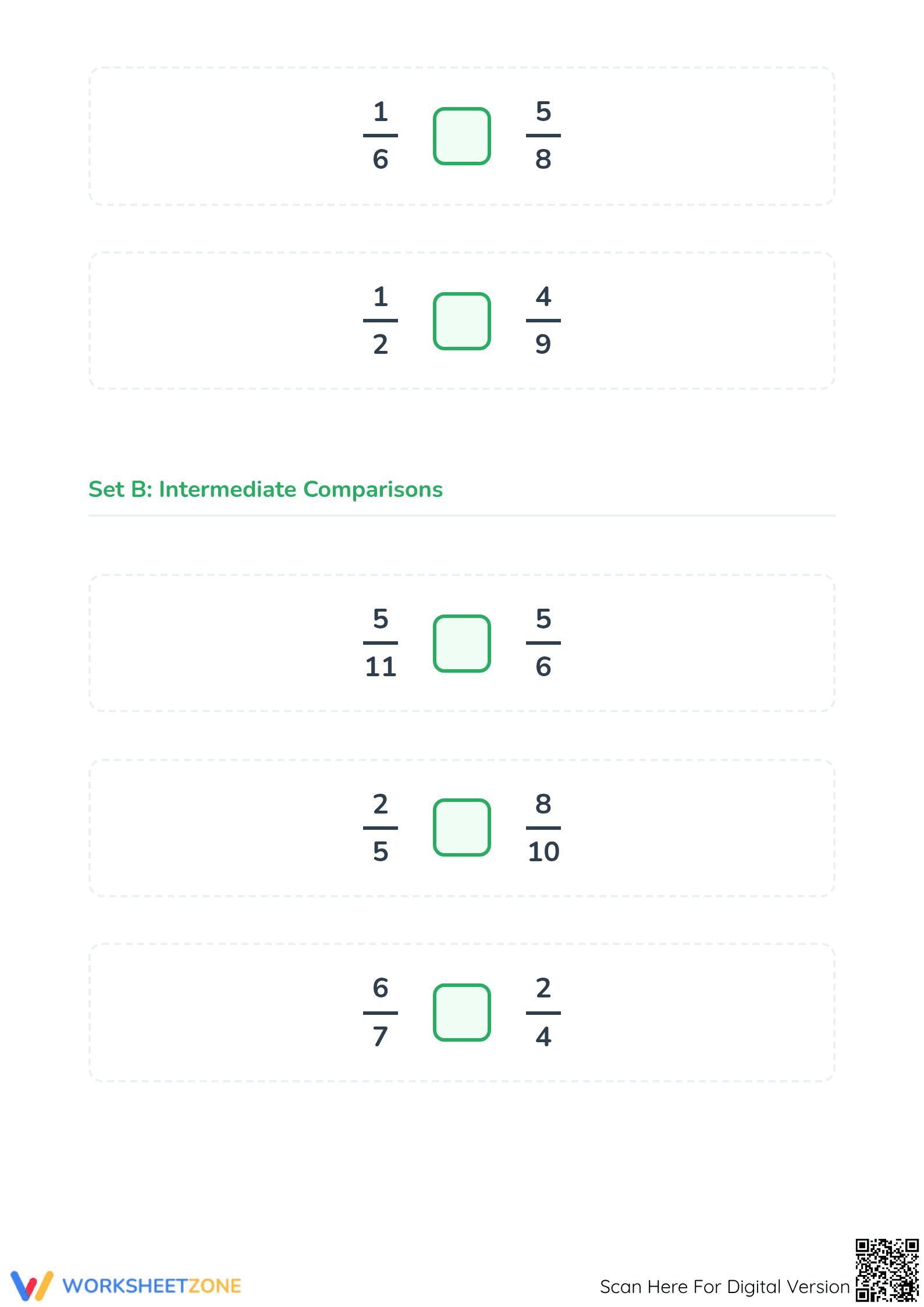 Printable Grade 4 Math: Comparing Simple Fractions - Page 2