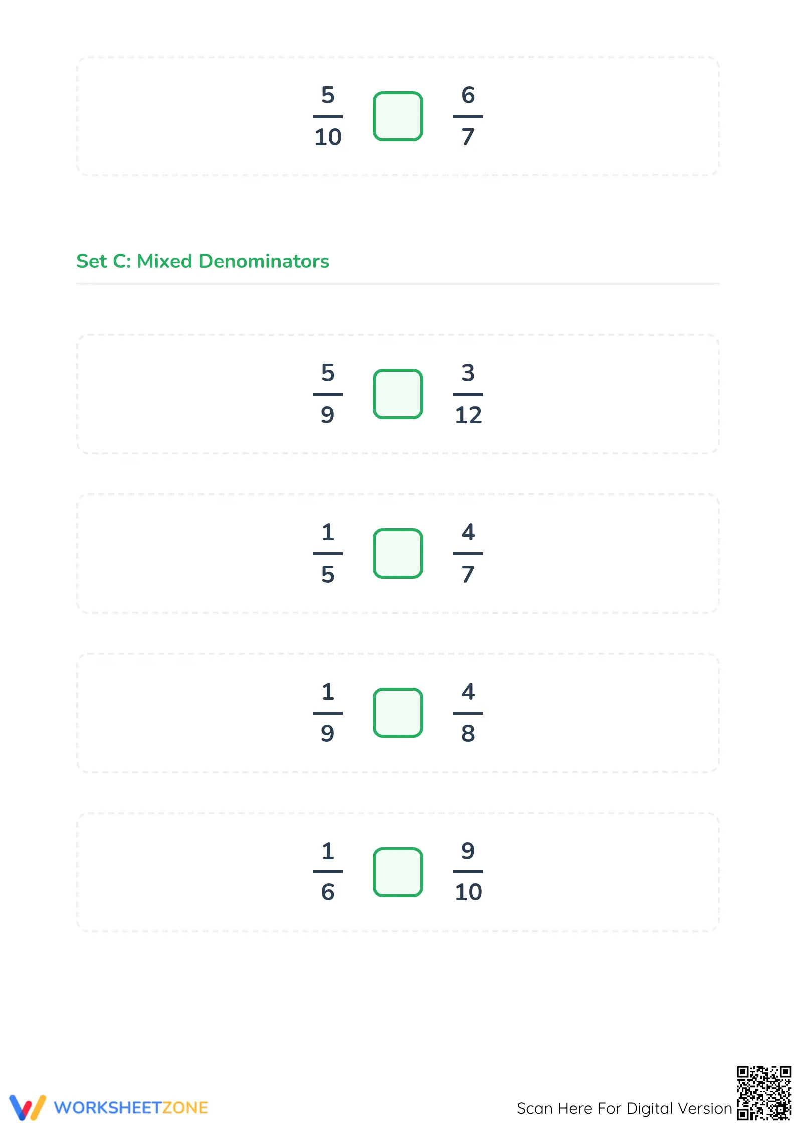 Printable Grade 4 Math: Comparing Simple Fractions - Page 4
