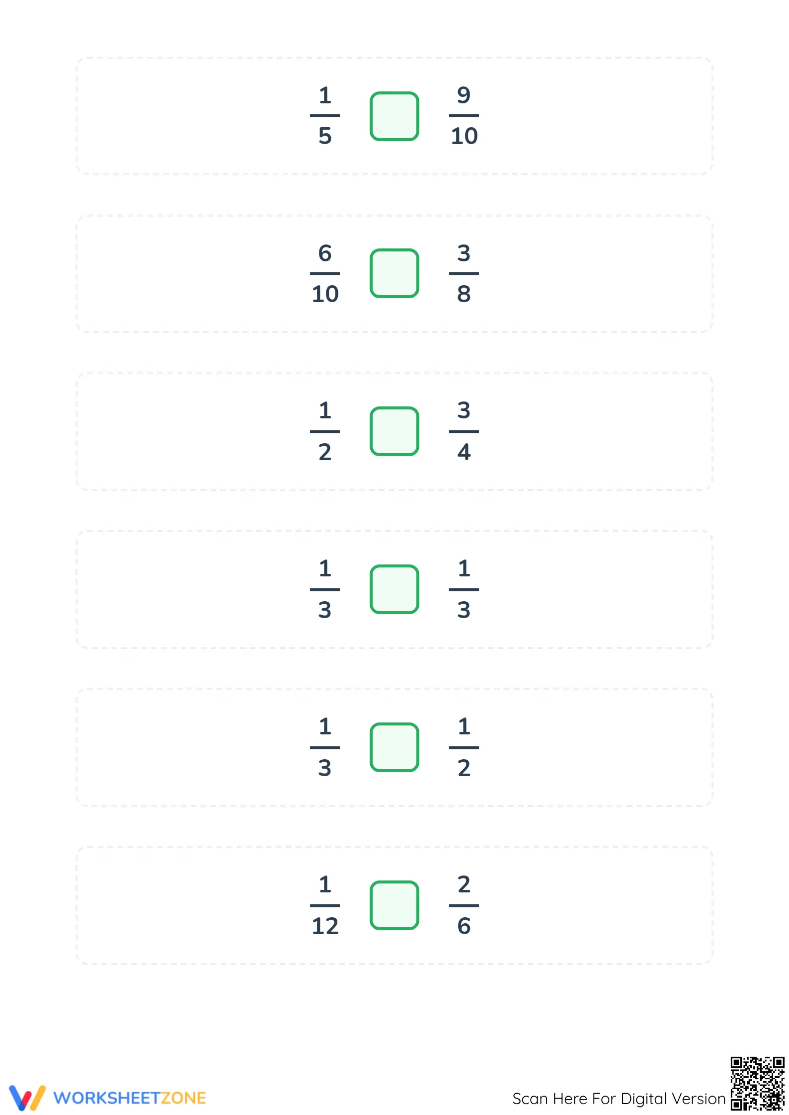 Printable Grade 4 Math: Comparing Simple Fractions - Page 5
