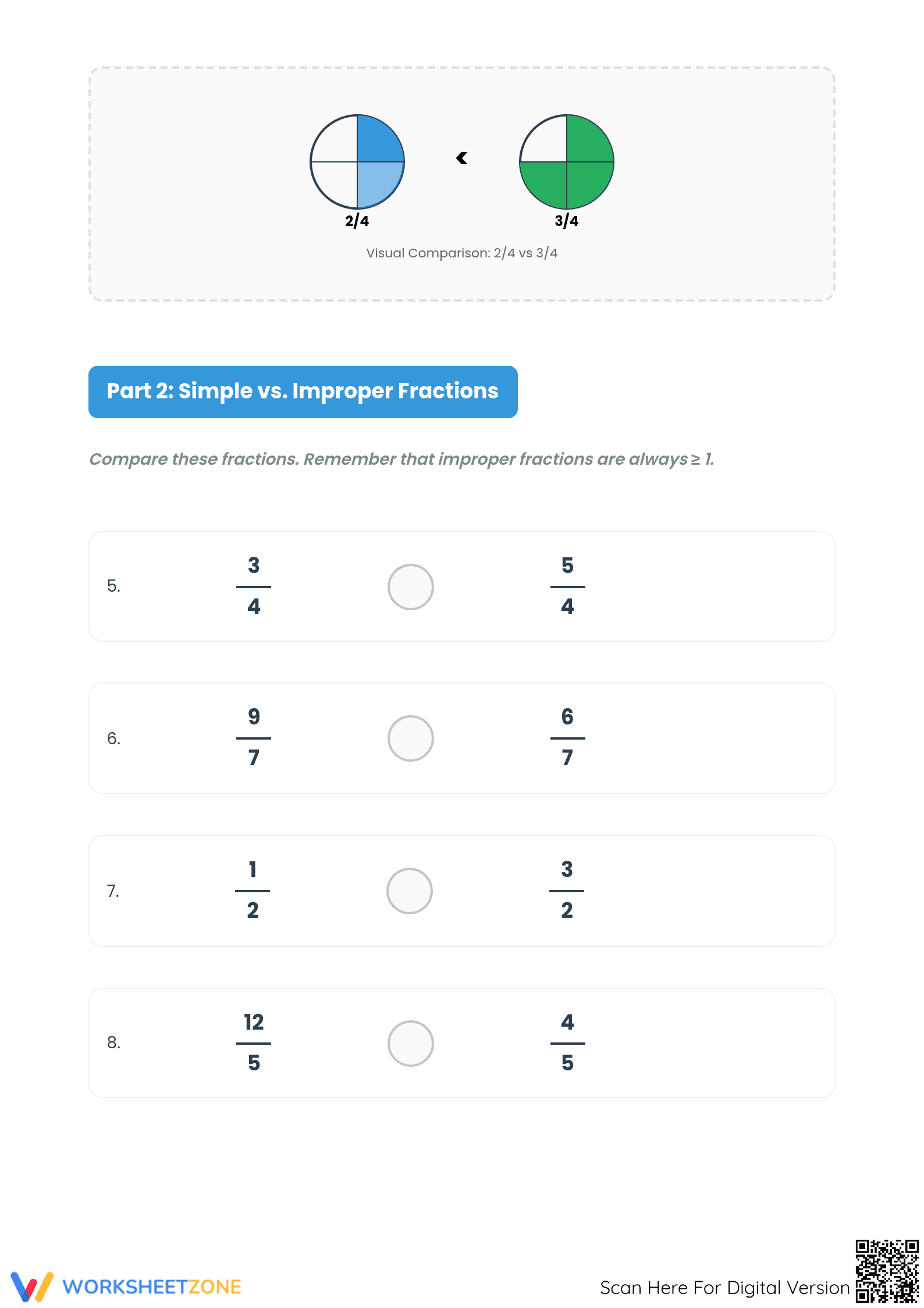 Comparing Simple & Improper Fractions | Printable Worksheet - Page 2