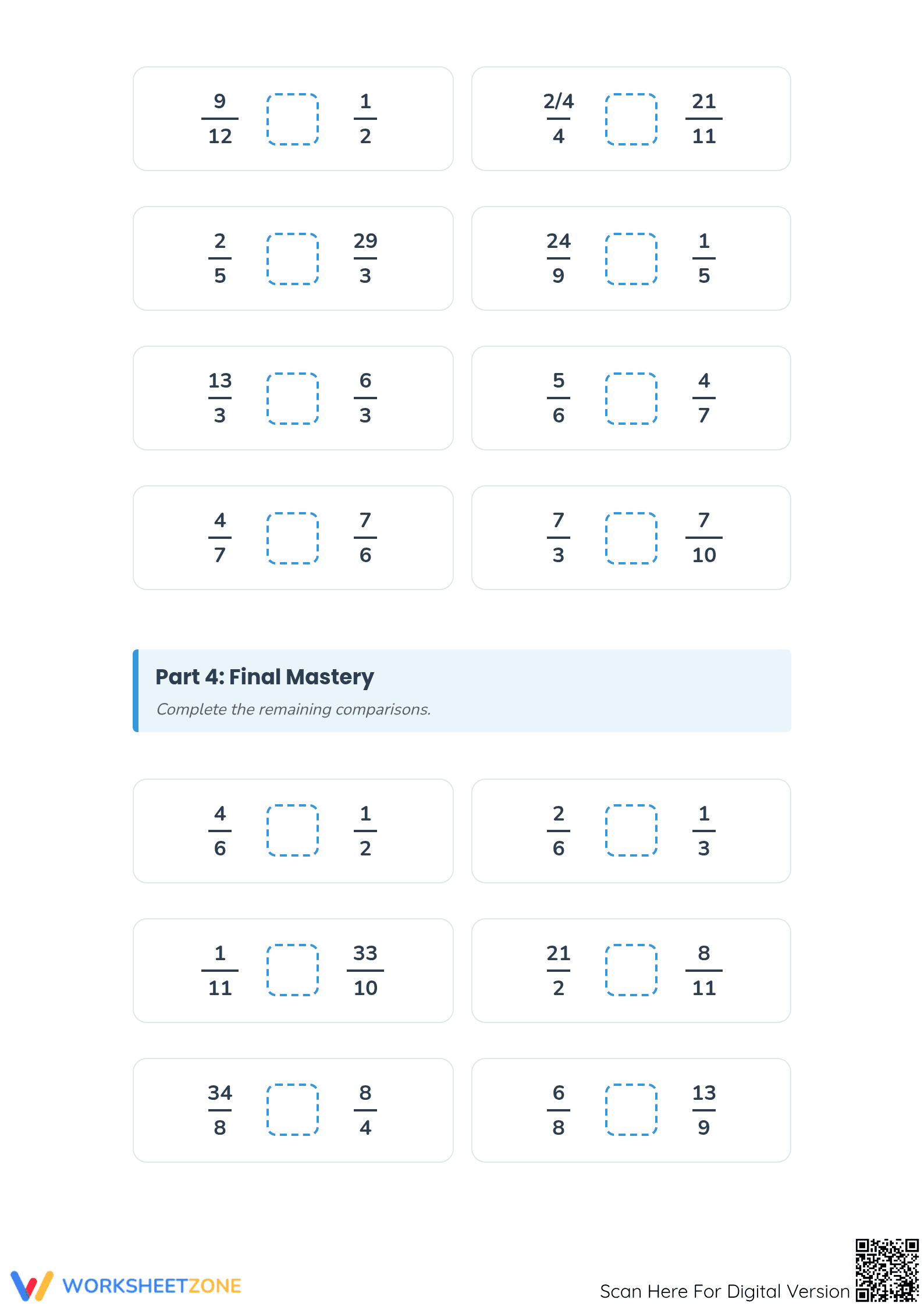Comparing Improper Fractions — Grade 4 Printable Worksheet - Page 3