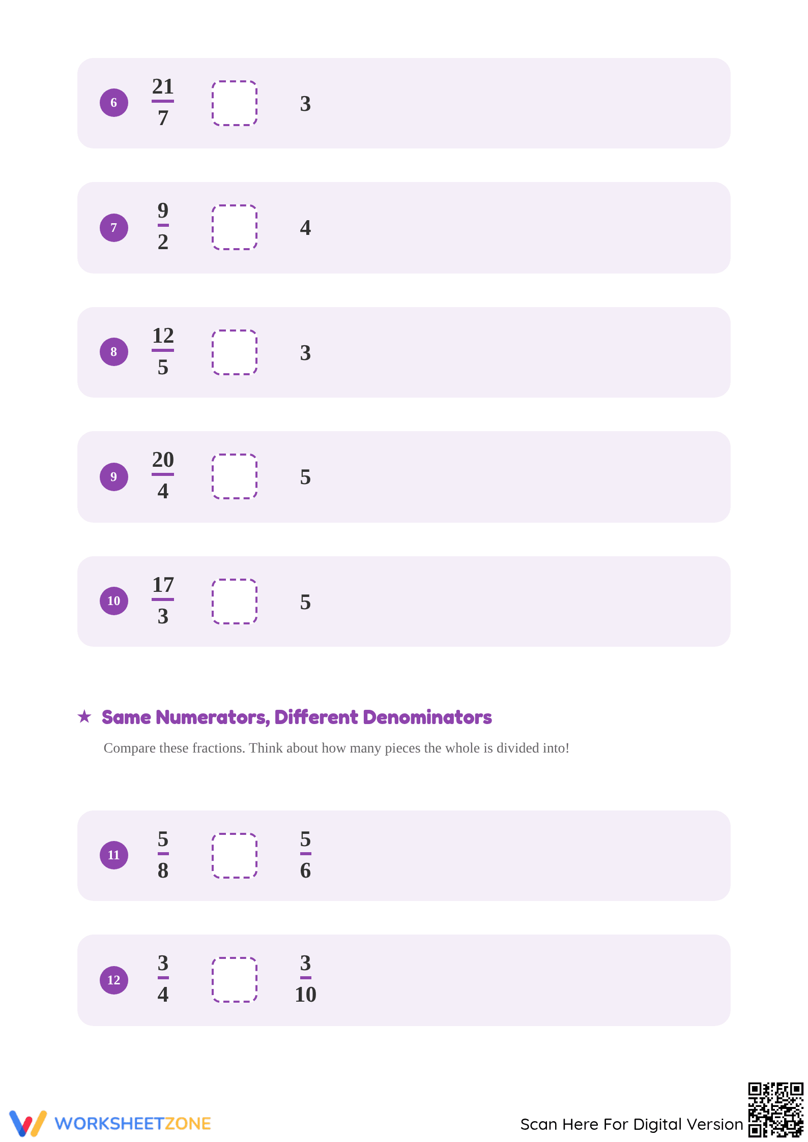 Comparing Simple and Improper Fractions Printable Worksheet - Page 2