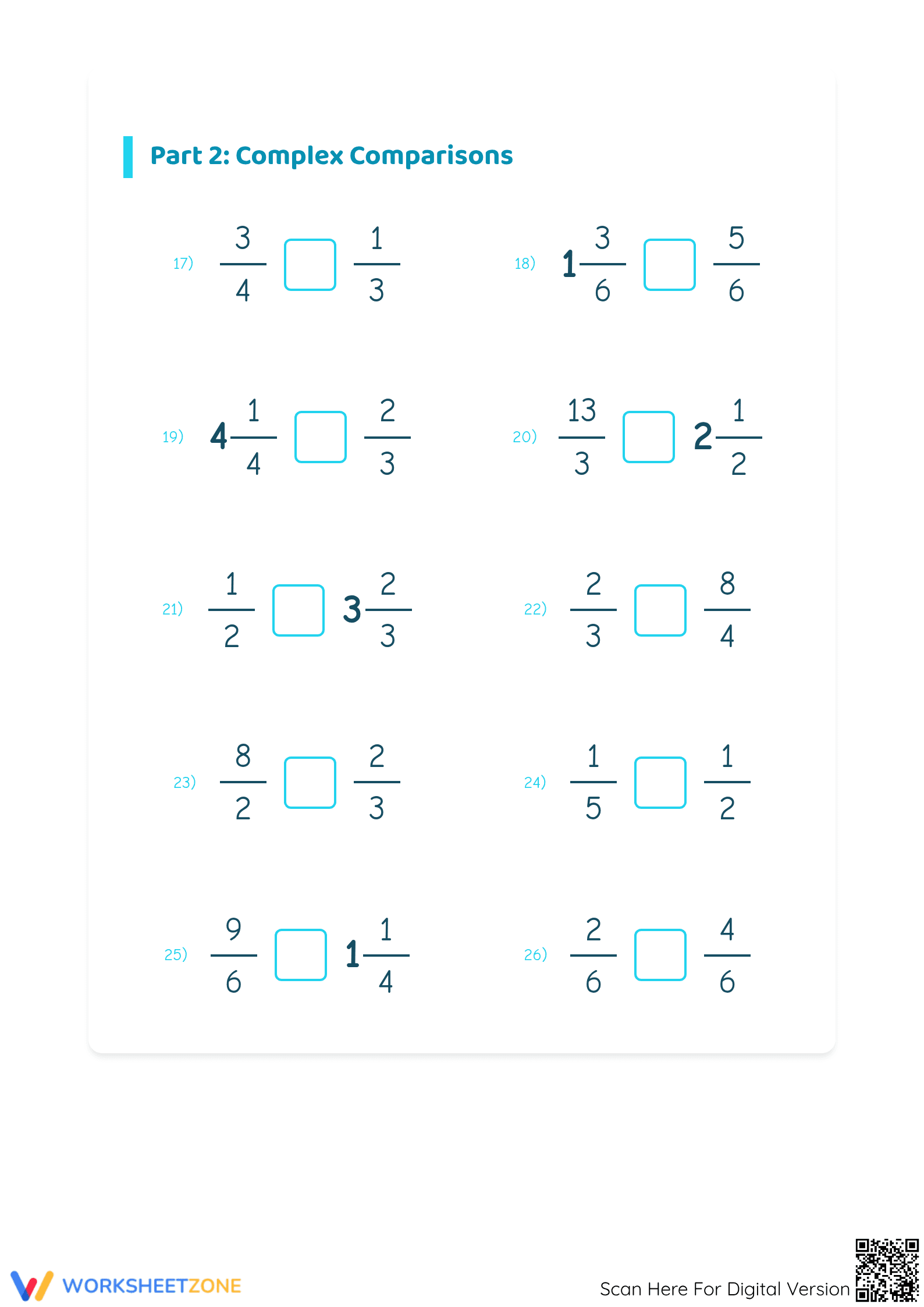 Printable Comparing Simple and Mixed Fractions Worksheet - Page 3