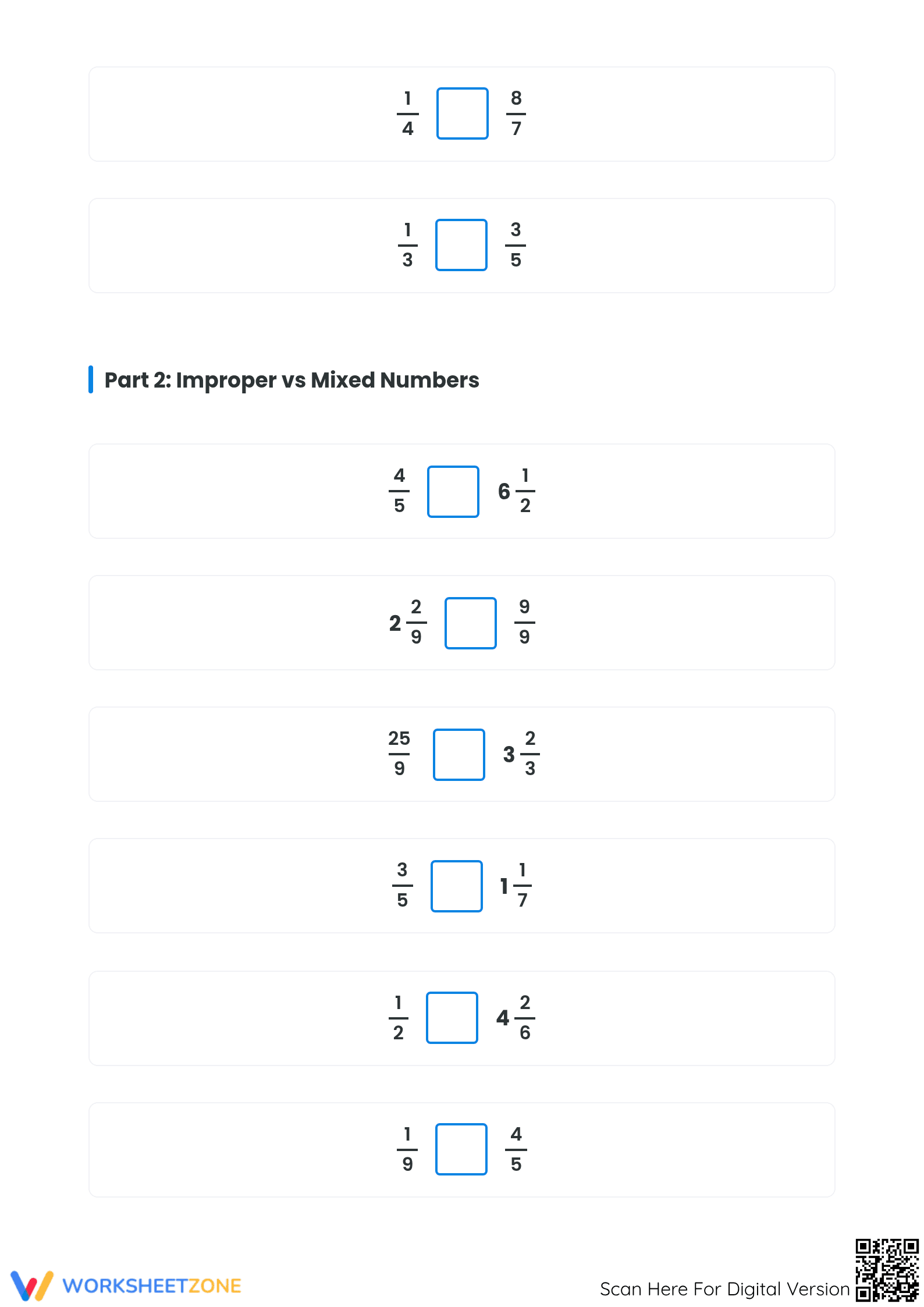 Essential Comparing Fractions Worksheet: Simple to Mixed - Page 2