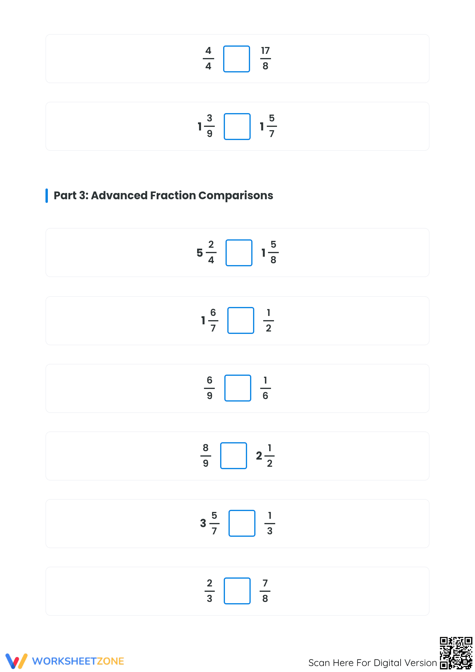 Essential Comparing Fractions Worksheet: Simple to Mixed - Page 3