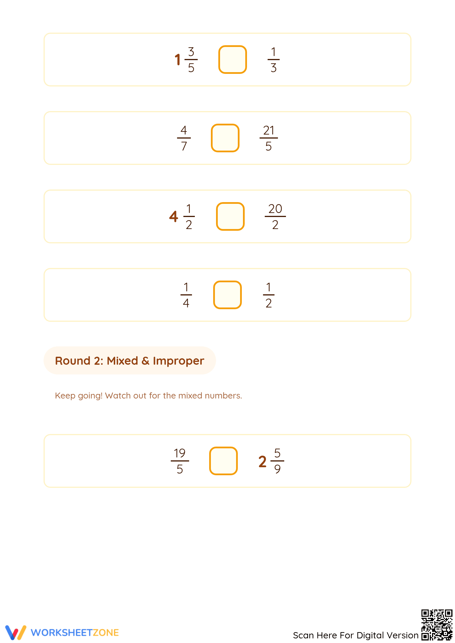 Printable Comparing Simple, Improper & Mixed Fractions - Page 2