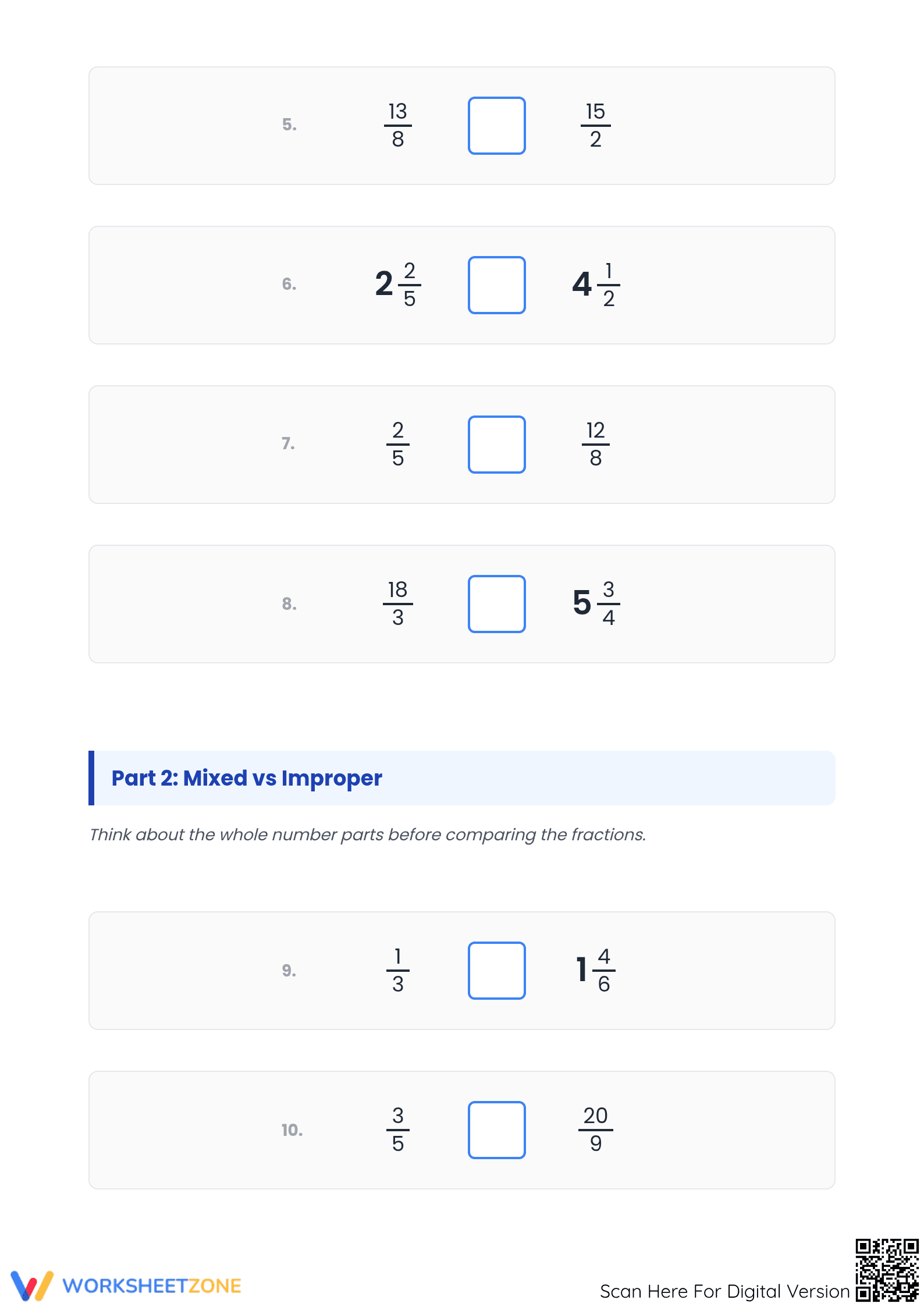 Comparing Fractions Printable Worksheet | Grade 4-6 Math - Page 2