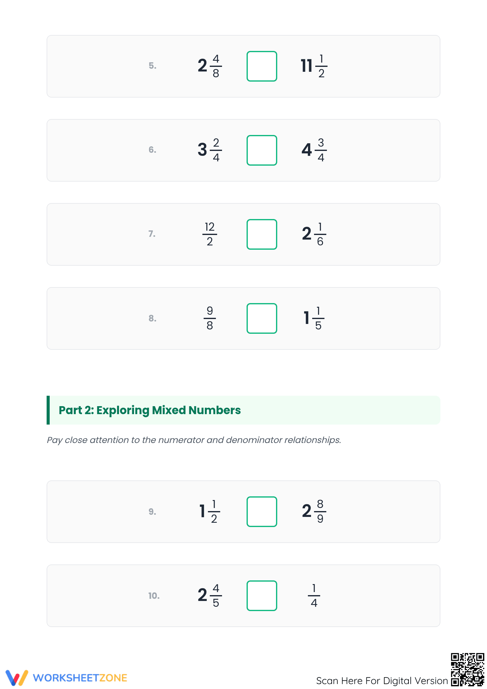 Comparing Improper and Mixed Fractions | Printable Math - Page 2