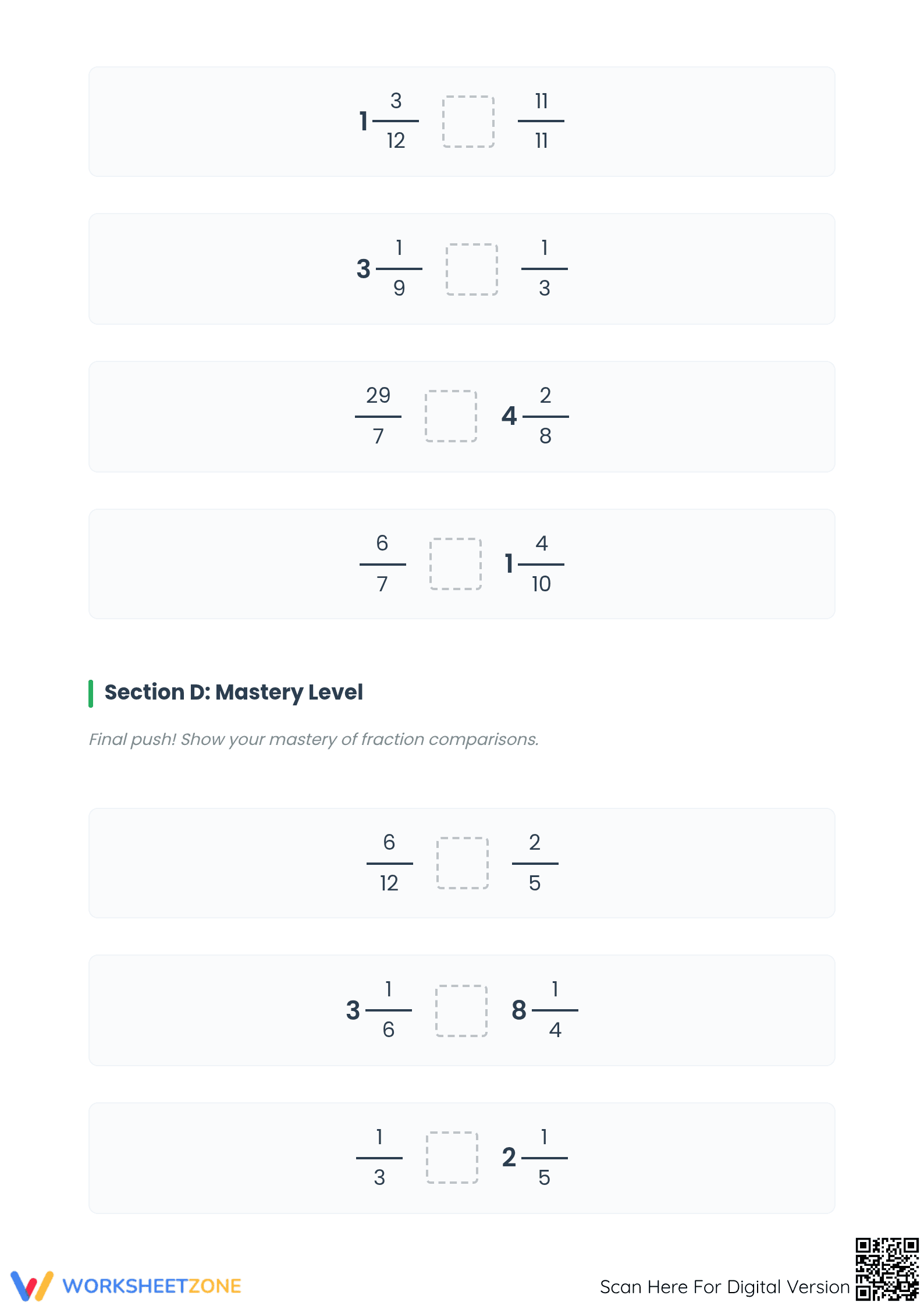 Essential 4.NF.A.2 Comparing Fractions Worksheet for Grade 4 - Page 5