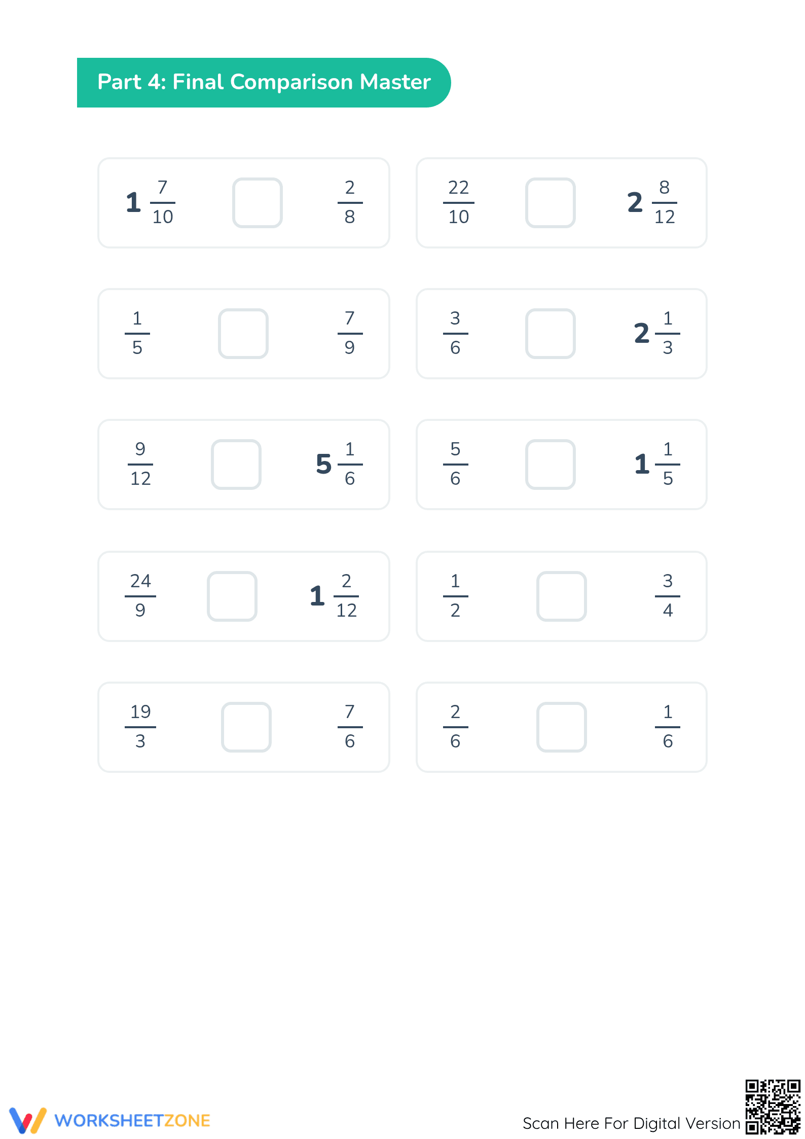 Printable Comparing Fractions Worksheet | Grade 4-6 - Page 3