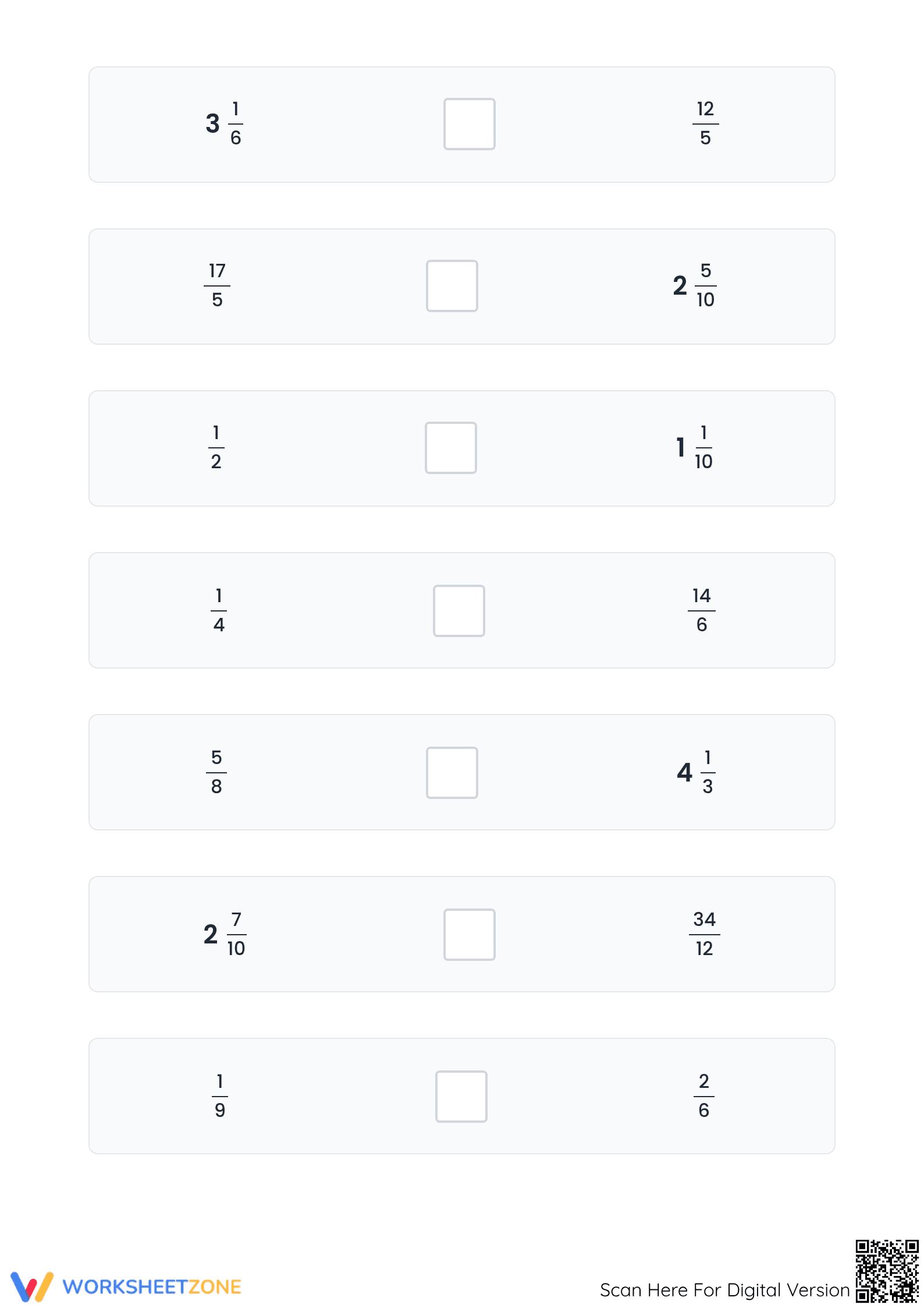 Printable Comparing Fractions Worksheet | Proper & Improper - Page 2