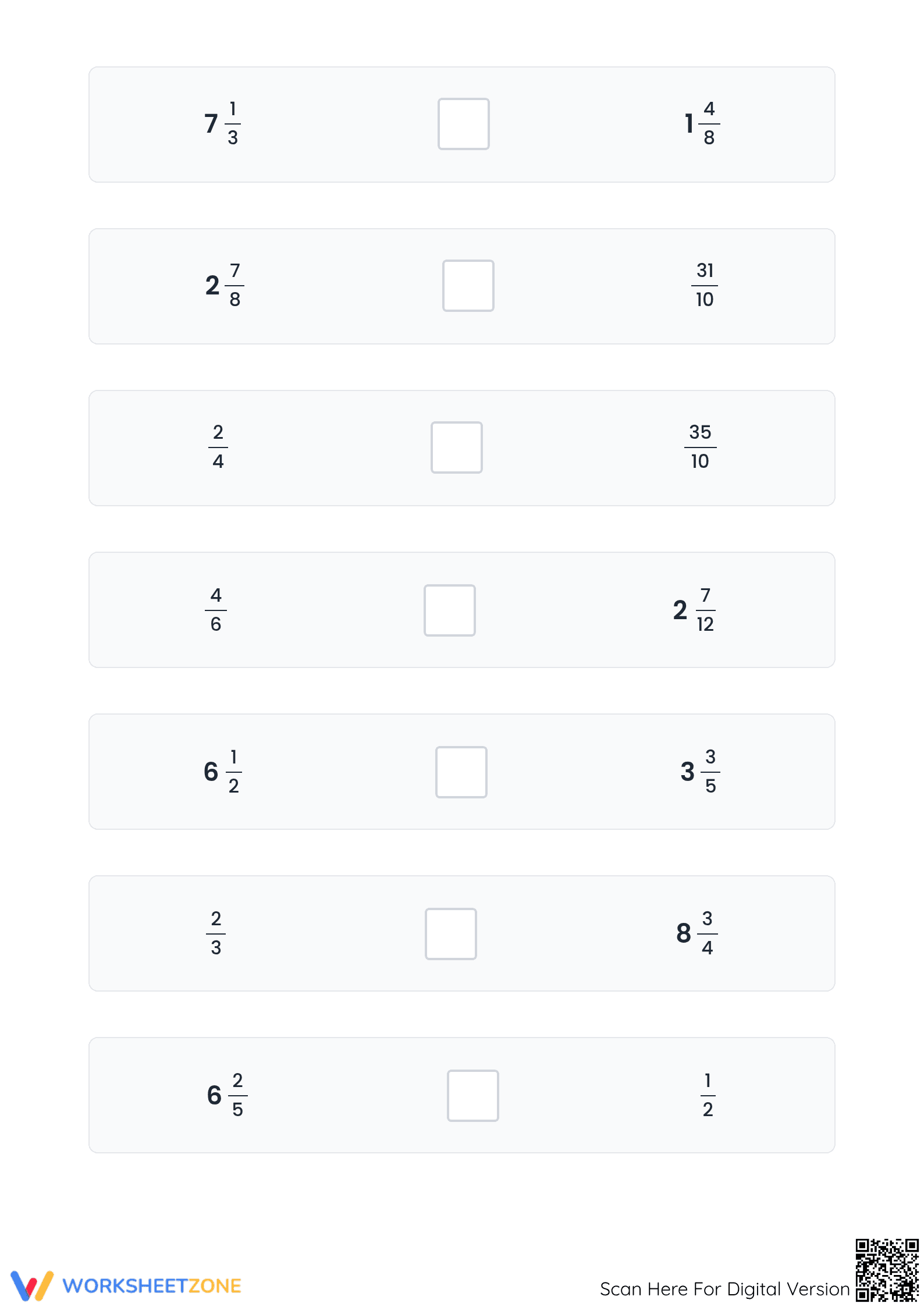 Printable Comparing Proper & Mixed Fractions Grade 4-5 - Page 2