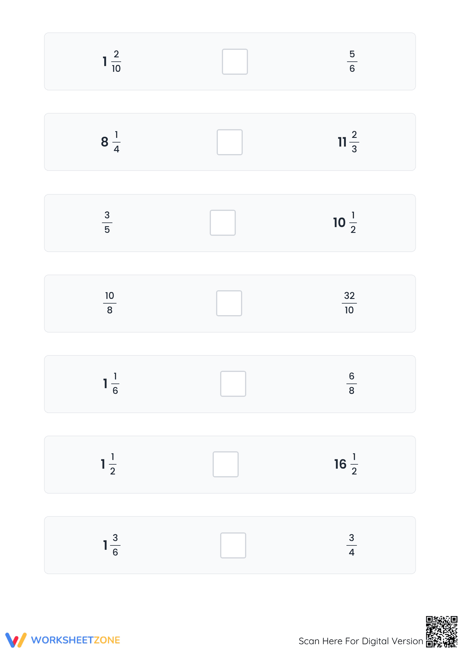 Printable Comparing Proper & Mixed Fractions Grade 4-5 - Page 4