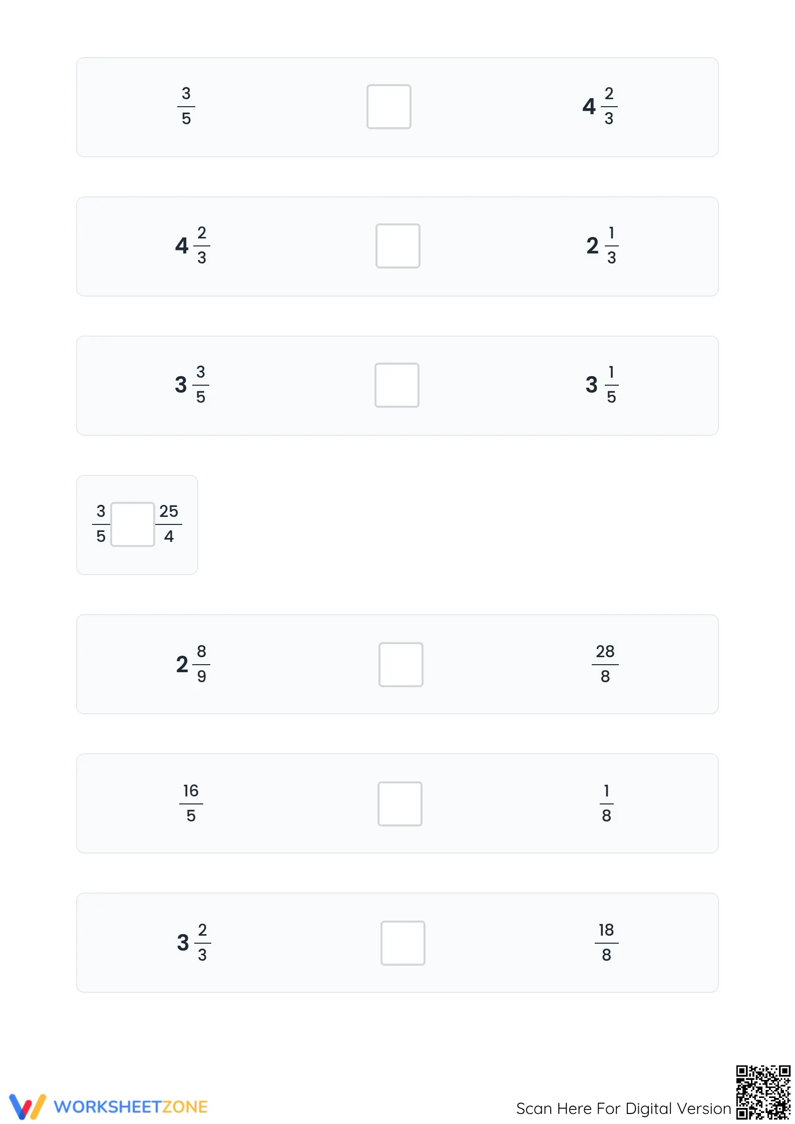 Printable Comparing Proper & Mixed Fractions Grade 4-5 - Page 5