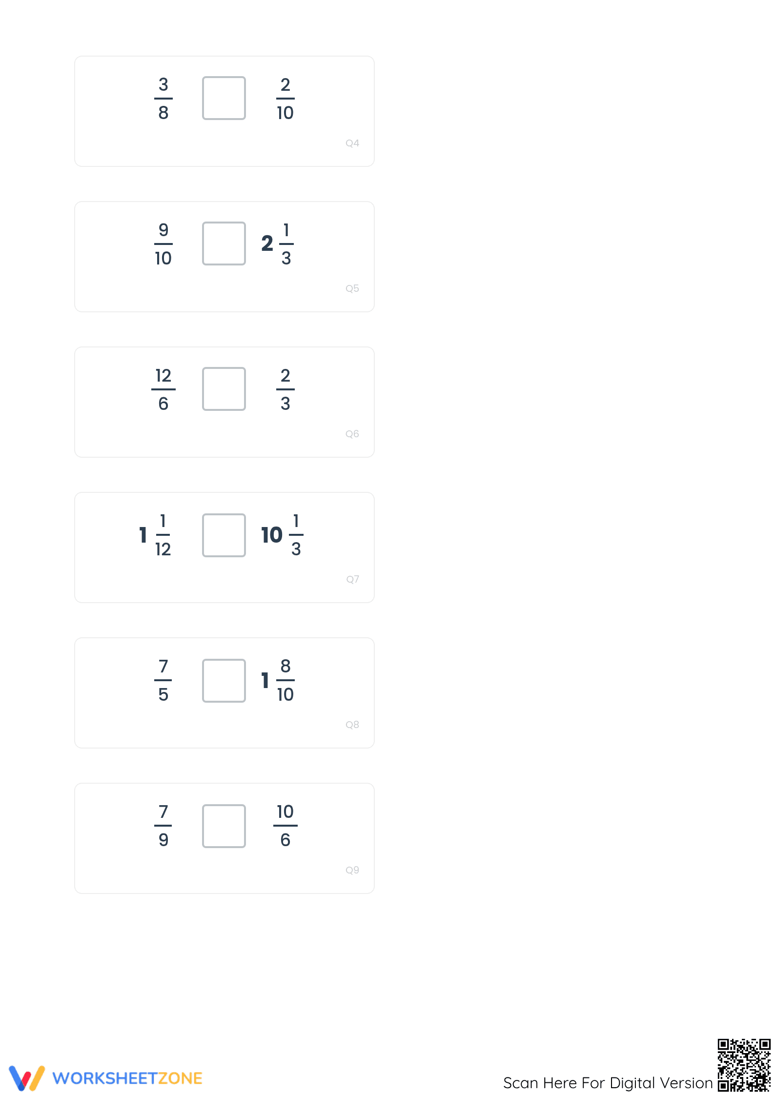 Printable Comparing Simple, Improper and Mixed Fractions - Page 2