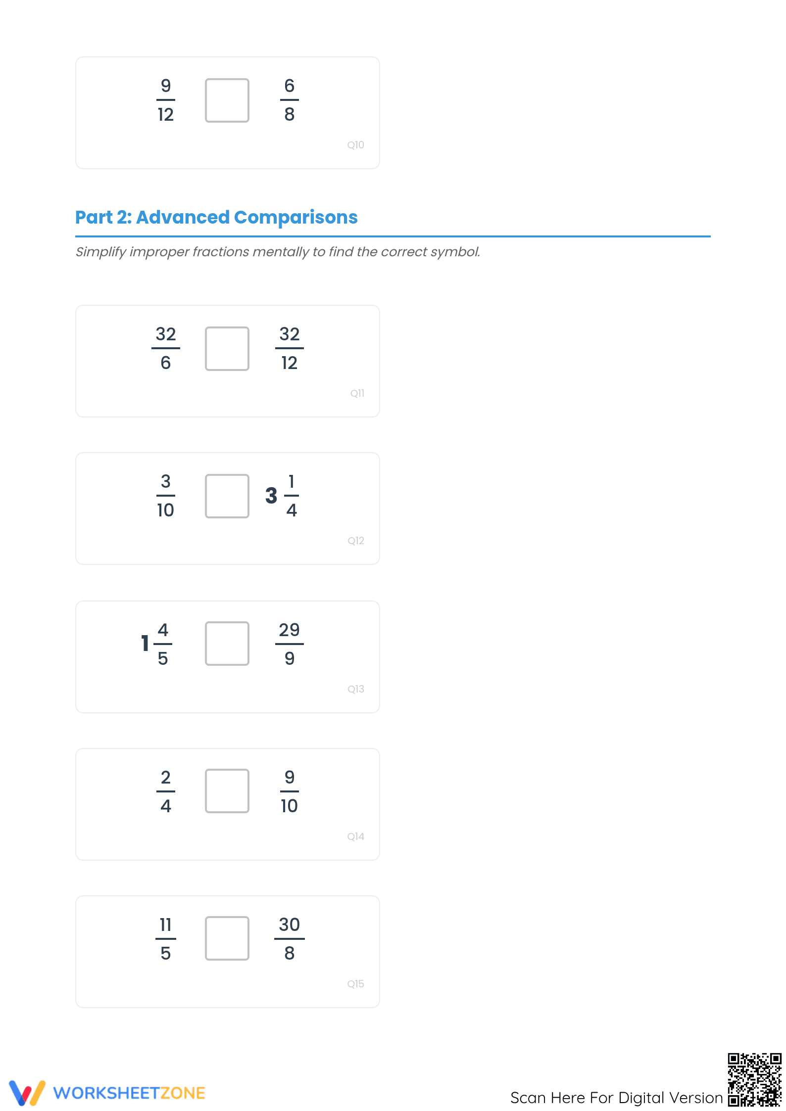 Printable Comparing Simple, Improper and Mixed Fractions - Page 3