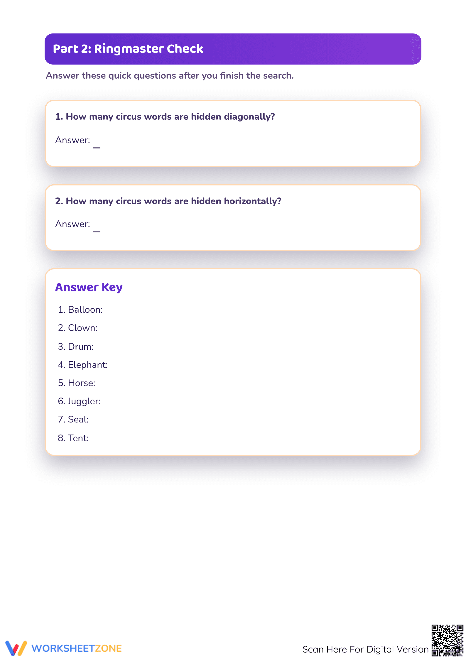 Printable Circus Word Search & Puzzle — Grades 1-4 - Page 2