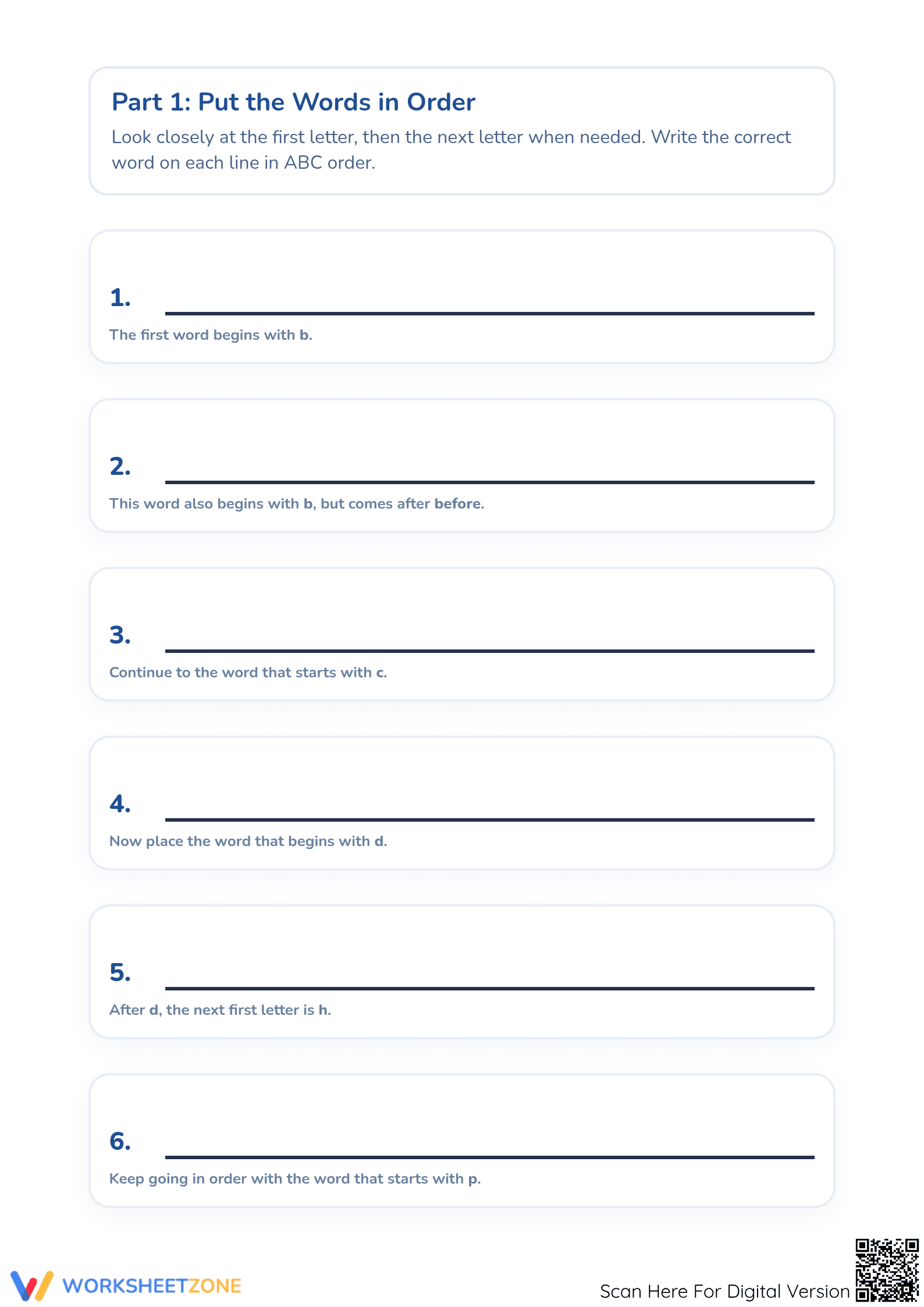 Printable Grade 1 Alphabetical Order & Vocabulary Practice - Page 2