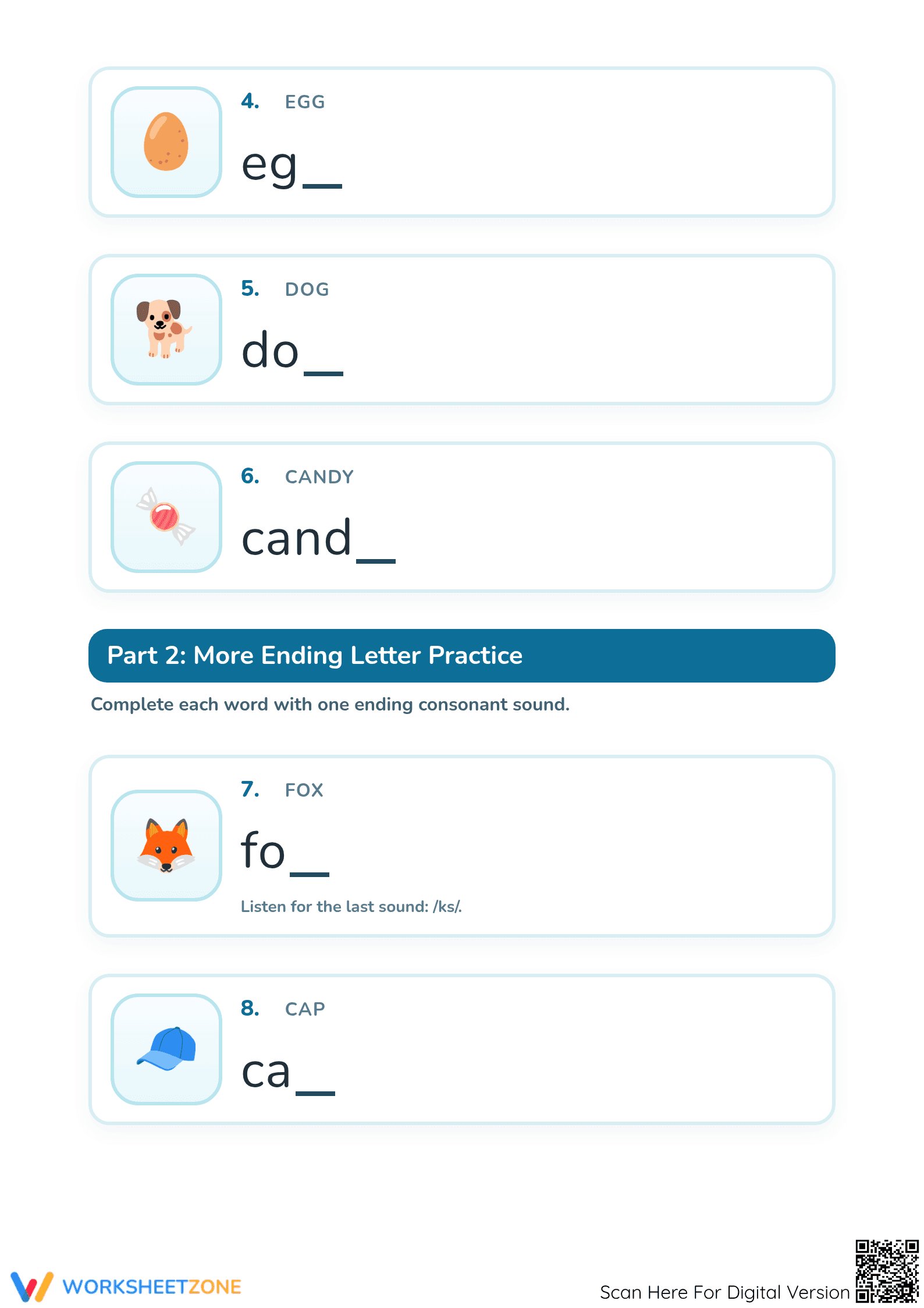 Ending Consonants Worksheet | Kindergarten Phonics Printable - Page 2