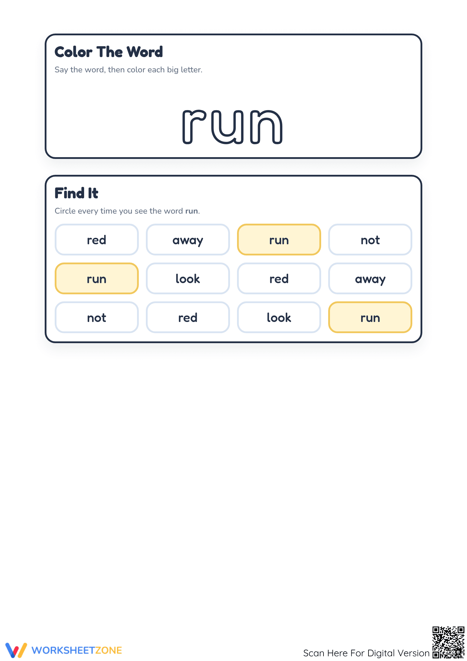 Printable Sight Word 'run' Worksheet | Grade K-1 ELA - Page 2