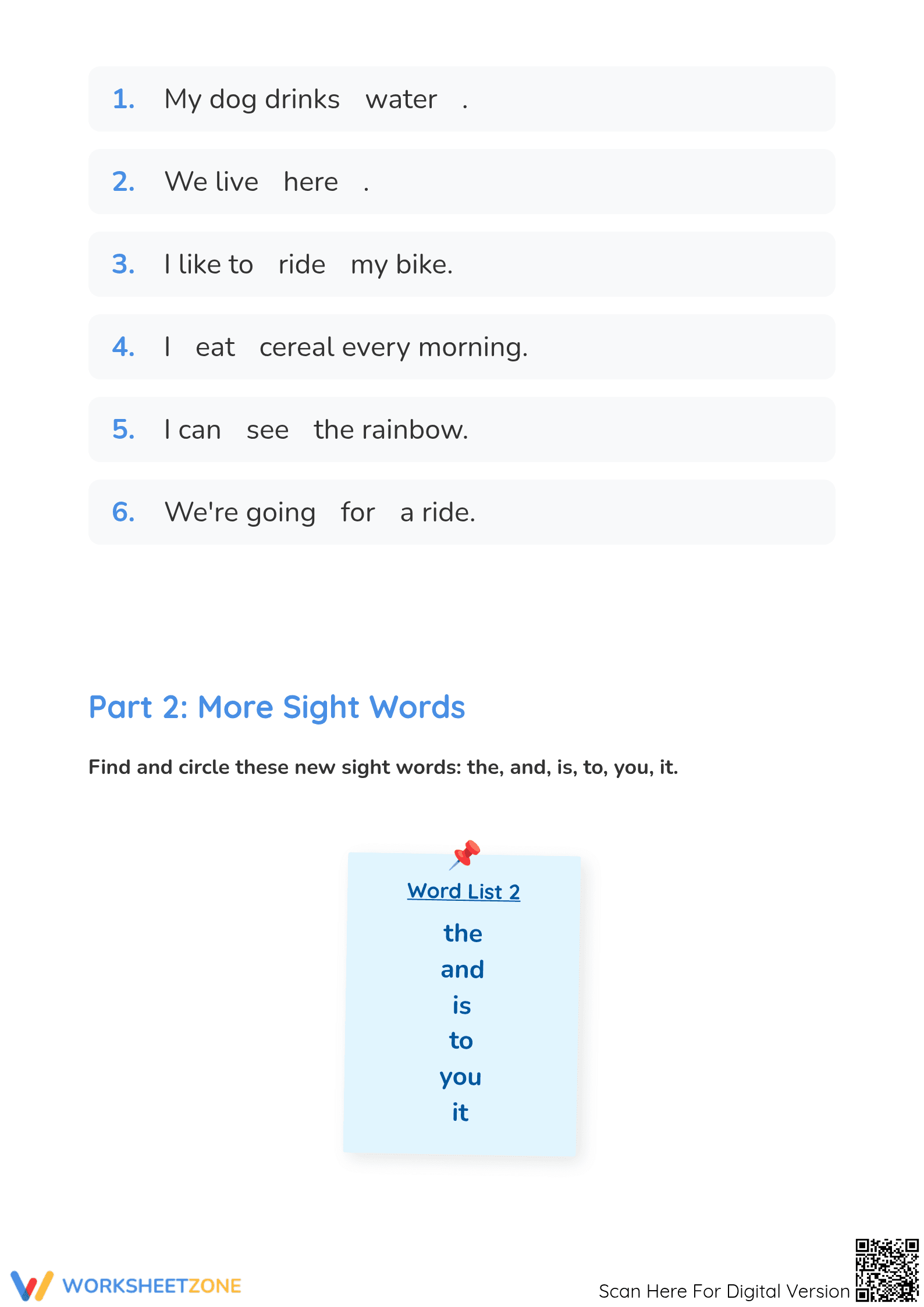 Printable Sight Words Worksheet | Kindergarten ELA - Page 2