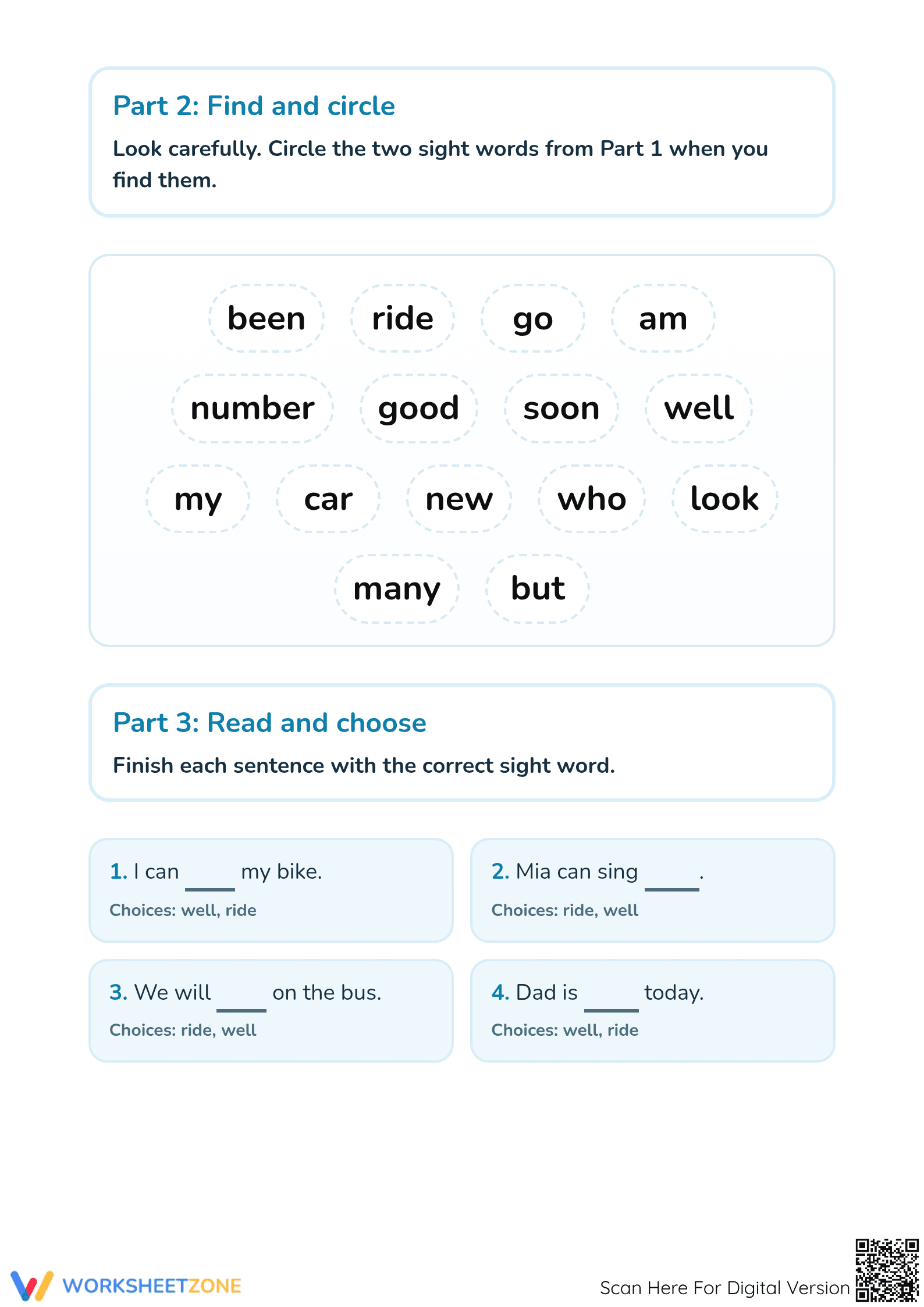 Printable Sight Words Worksheet: Well and Ride | Grade K - Page 2