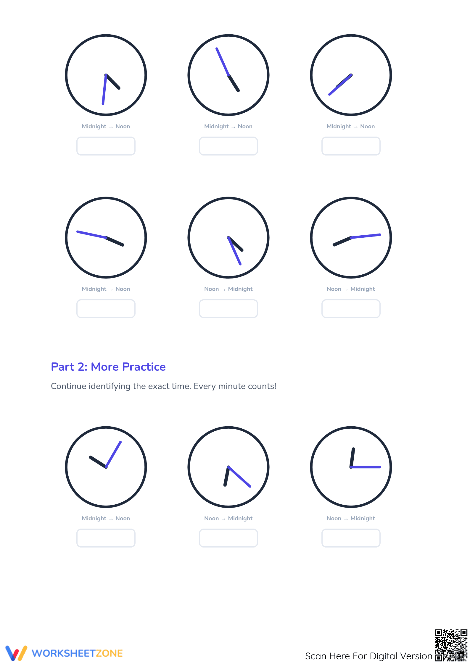 Printable Telling Time Worksheet | 1-Minute Analog Clocks - Page 2
