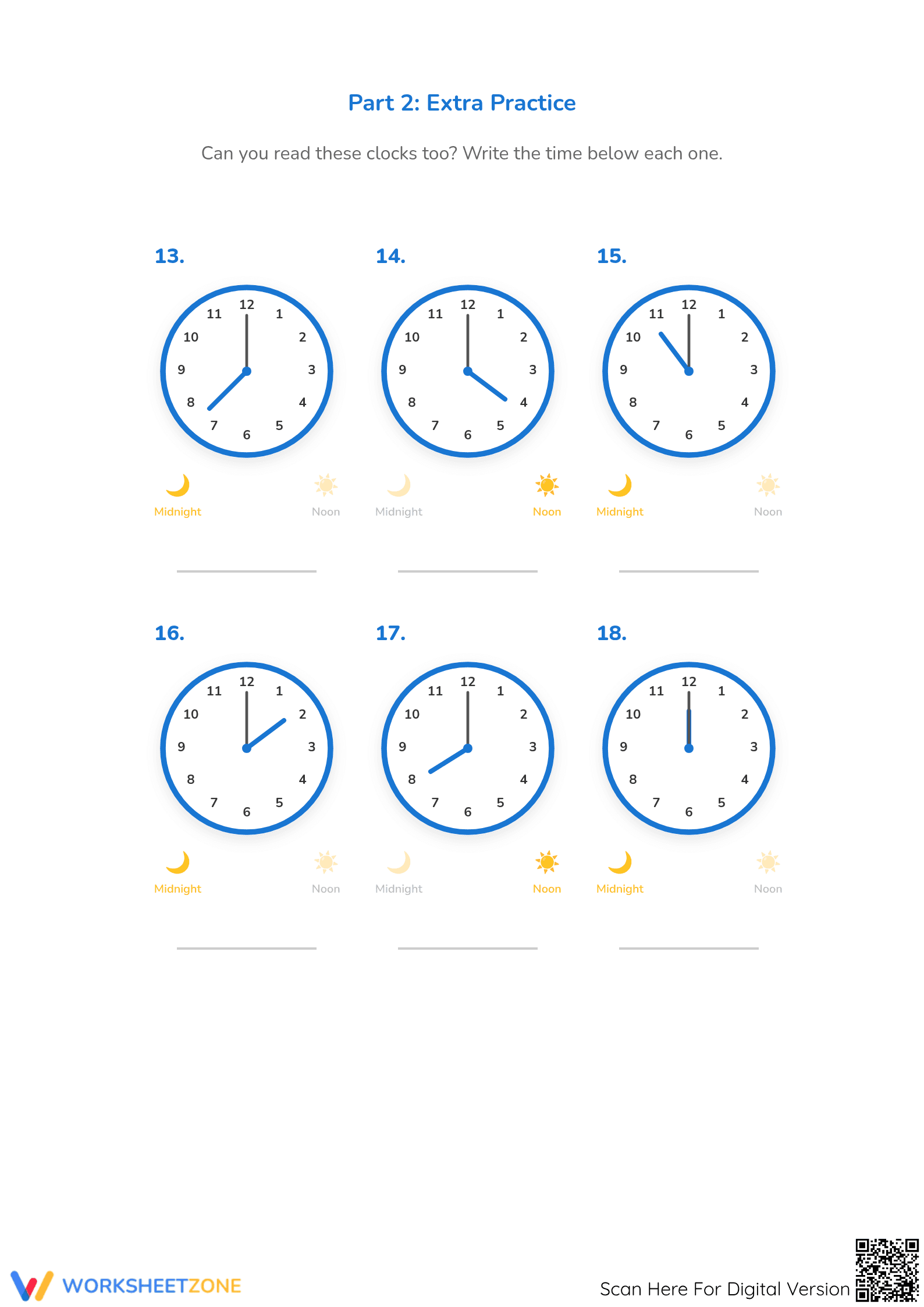 Printable Telling Time Worksheet: Reading Hours — Grade 2-4 - Page 3