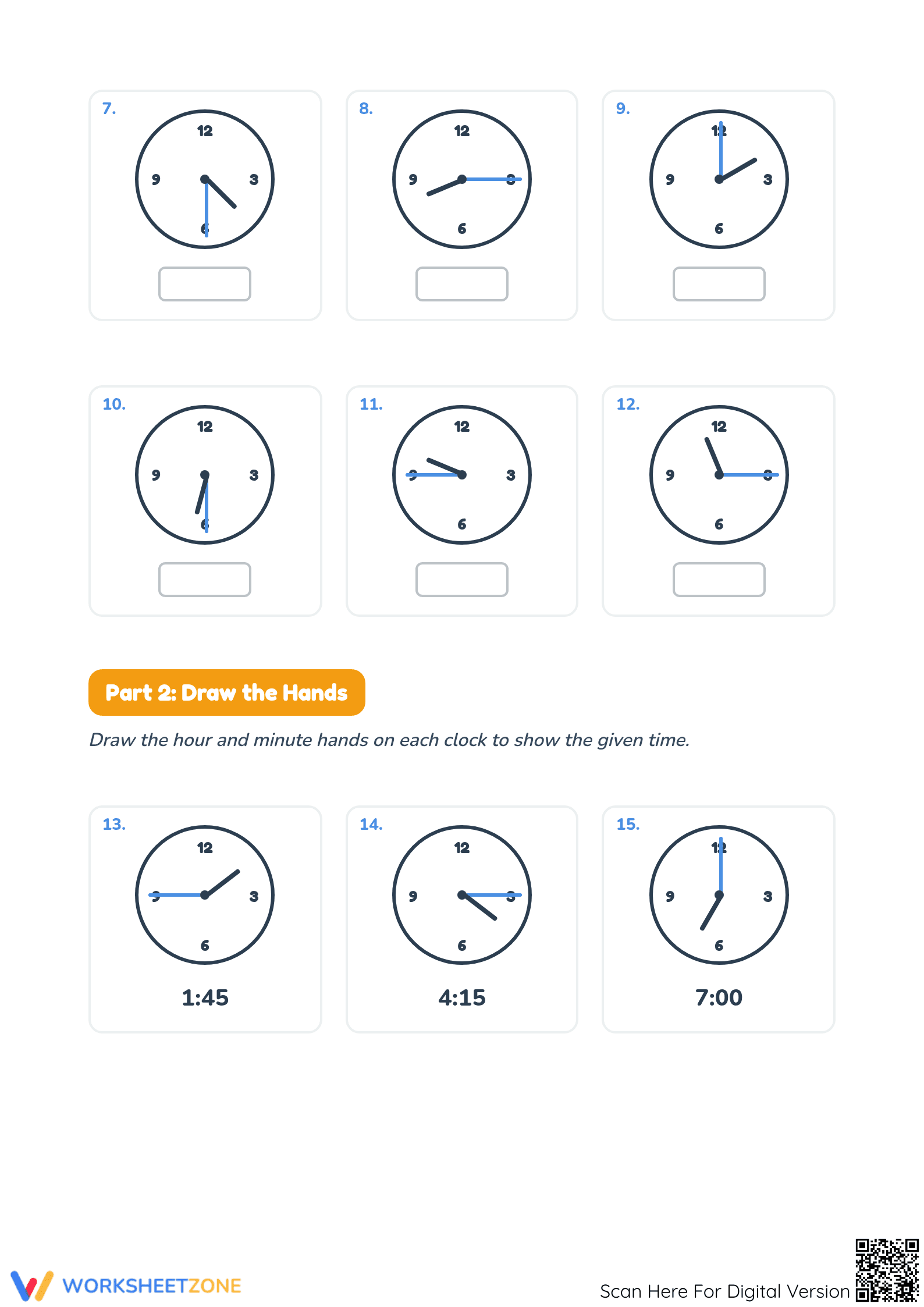 Printable Telling Time to 15 Minutes Worksheet | Grades 2-4 - Page 2