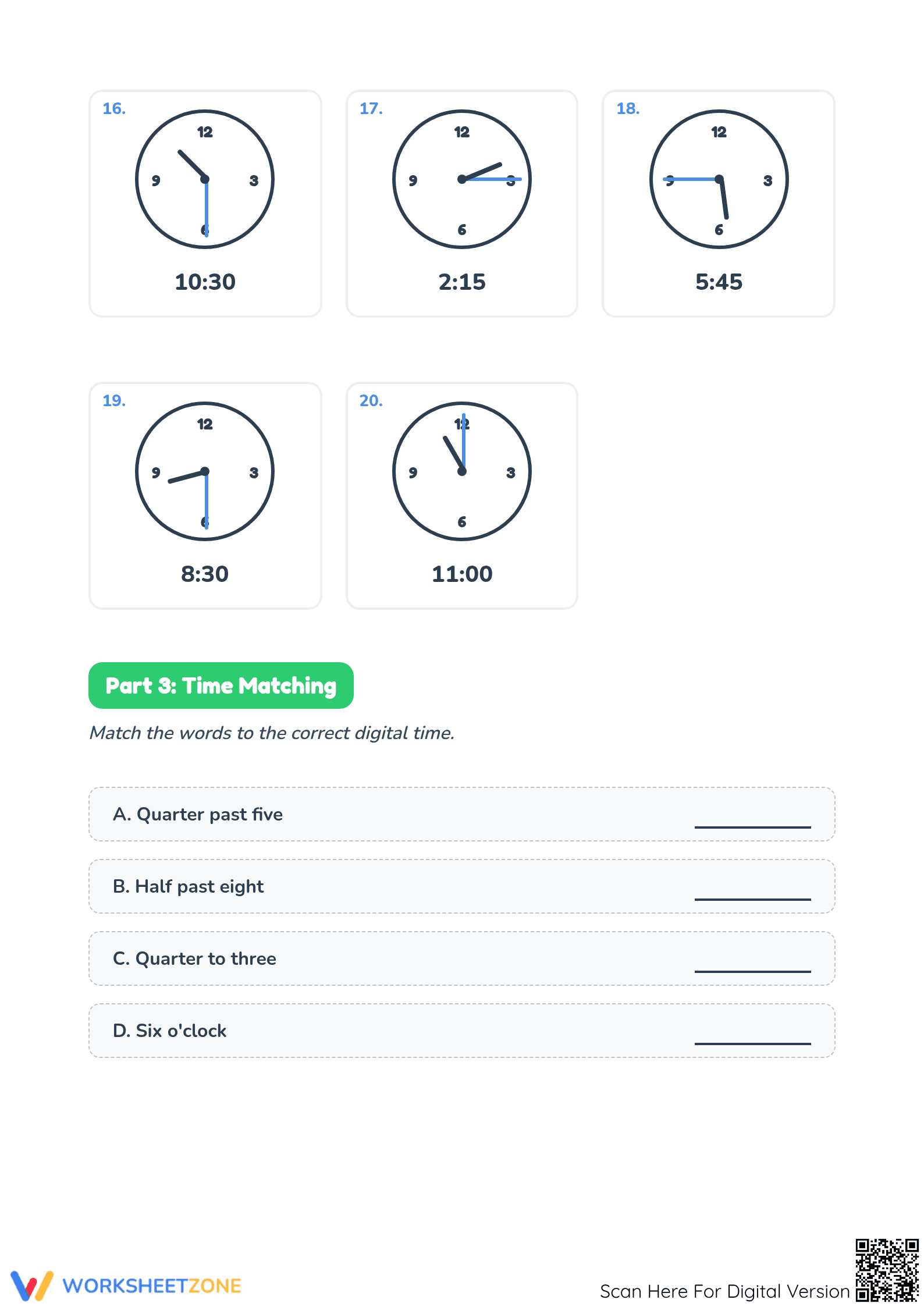 Printable Telling Time to 15 Minutes Worksheet | Grades 2-4 - Page 3