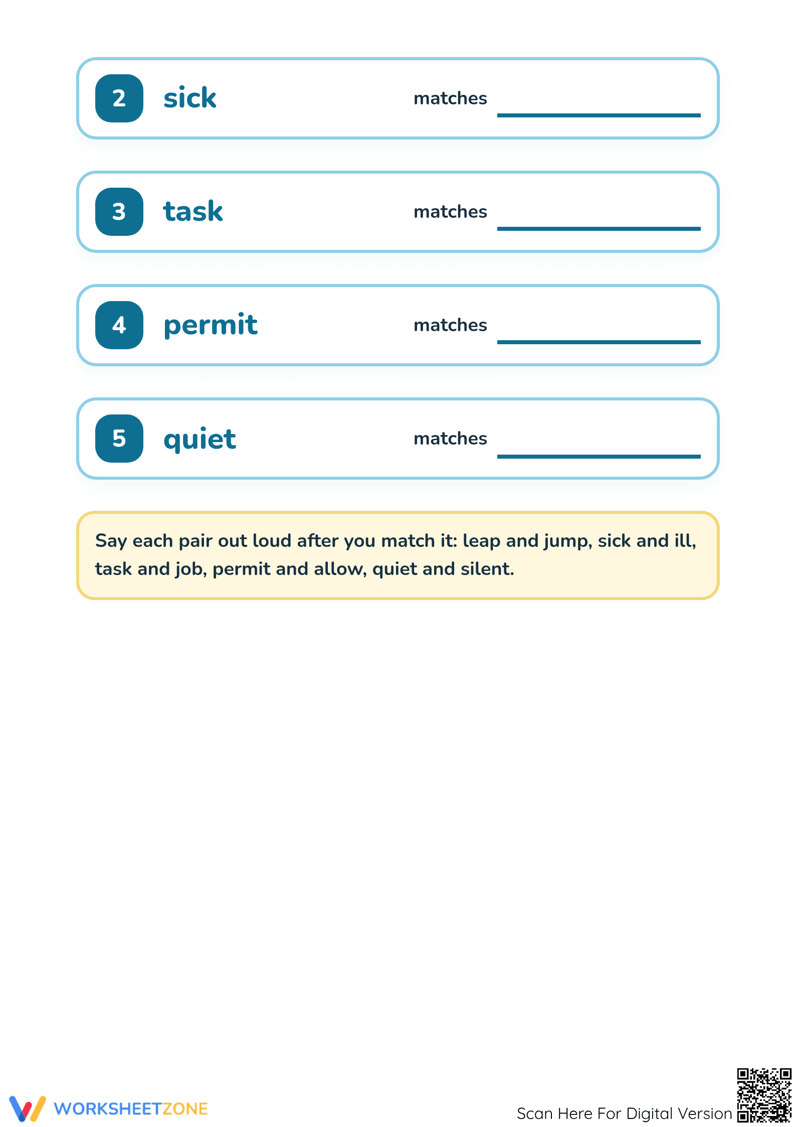 Printable Synonym Matching Worksheet | Grade K ELA - Page 2