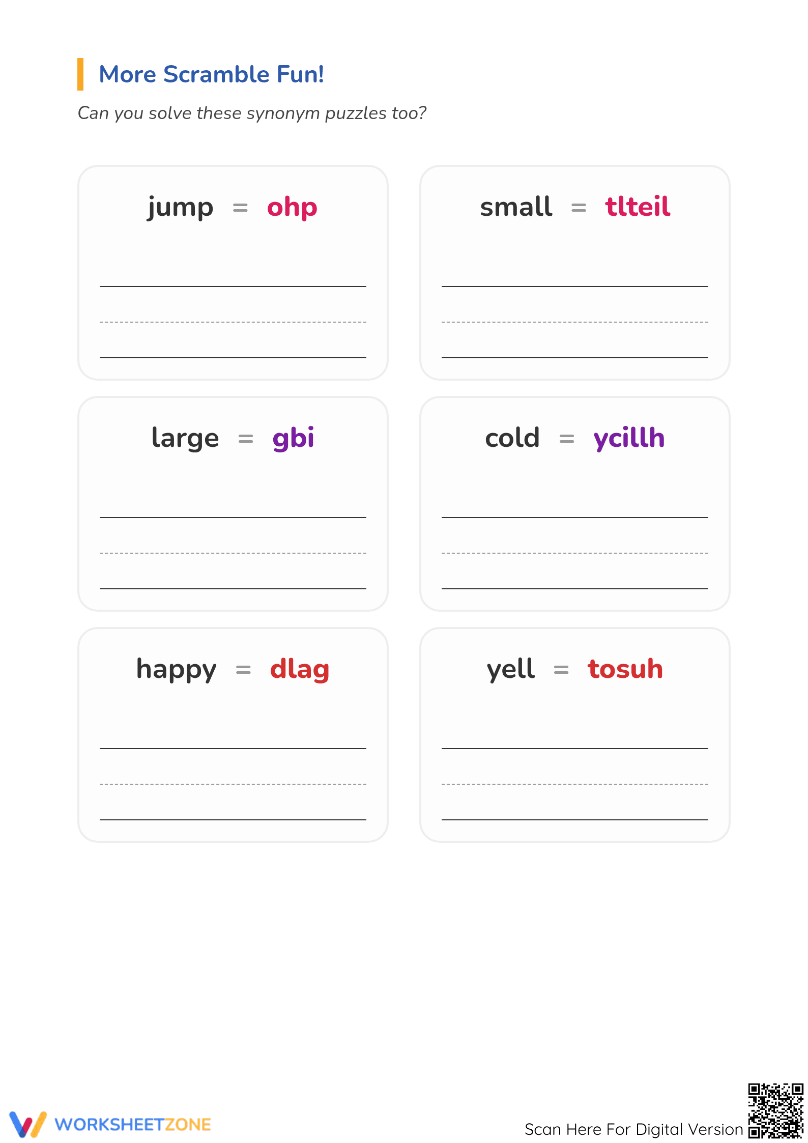 Printable Synonyms Word Scramble for Kindergarten ELA - Page 2