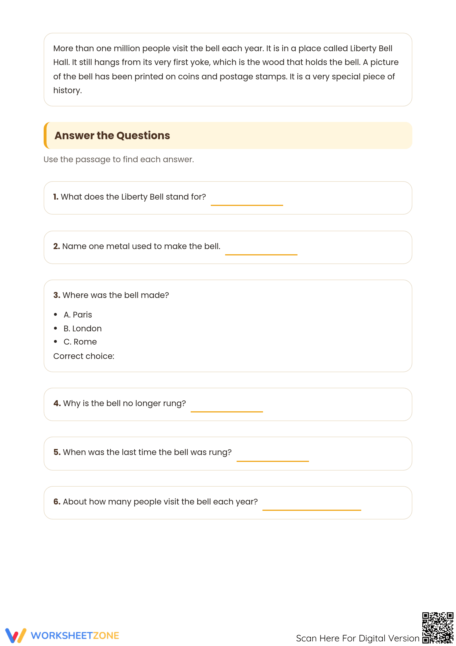Printable Liberty Bell Reading Worksheet | Grade 3 - Page 2