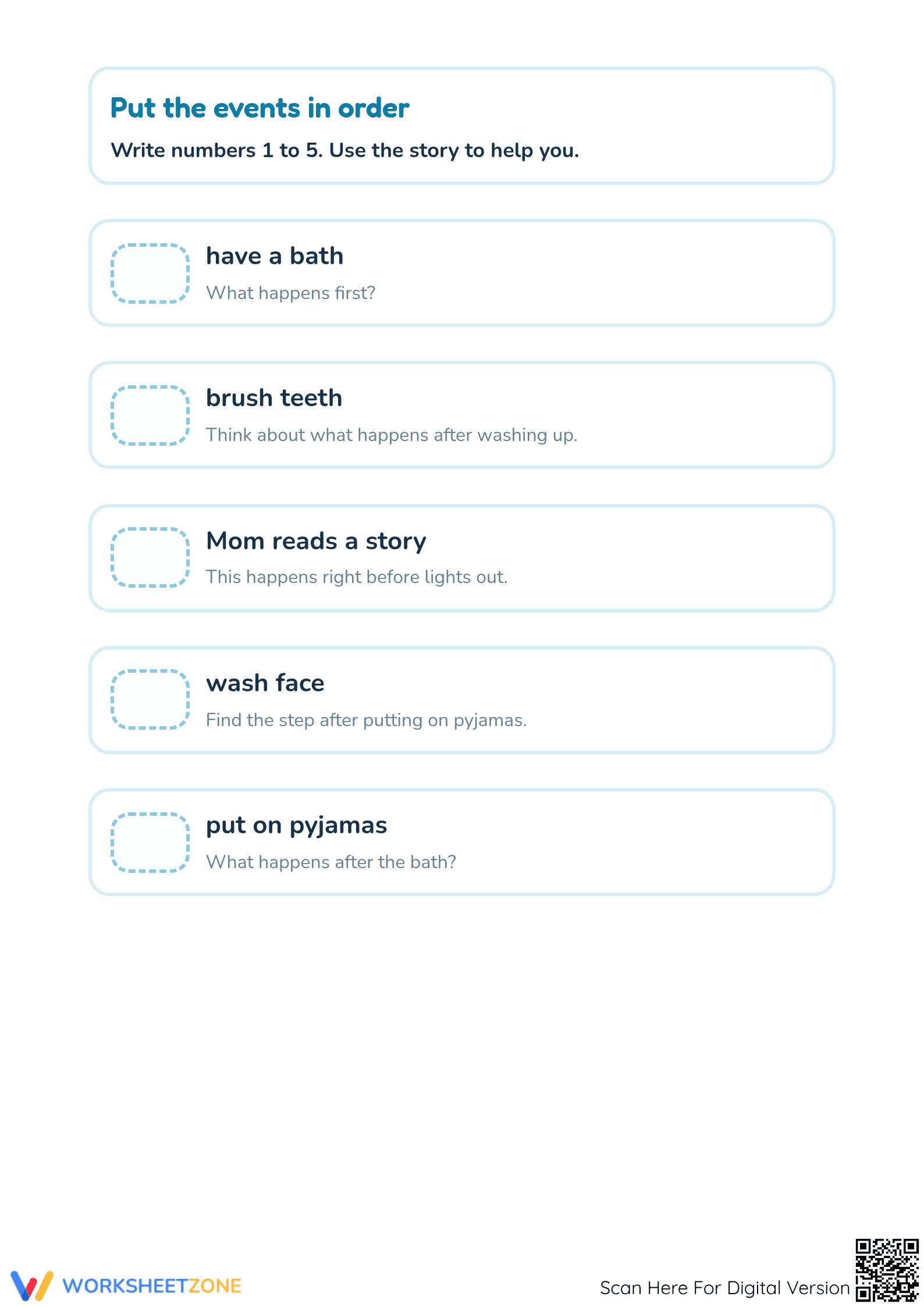 Printable Grade K Bedtime Routine Sequencing Worksheet - Page 2